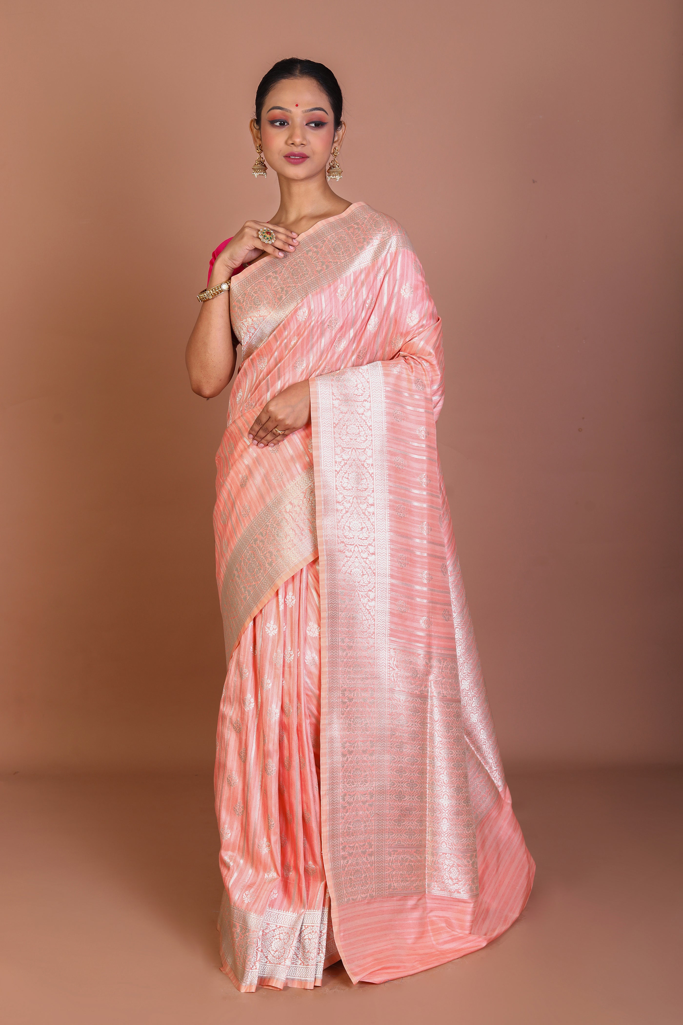 Peach Semi Katan Saree - Keya Seth Exclusive