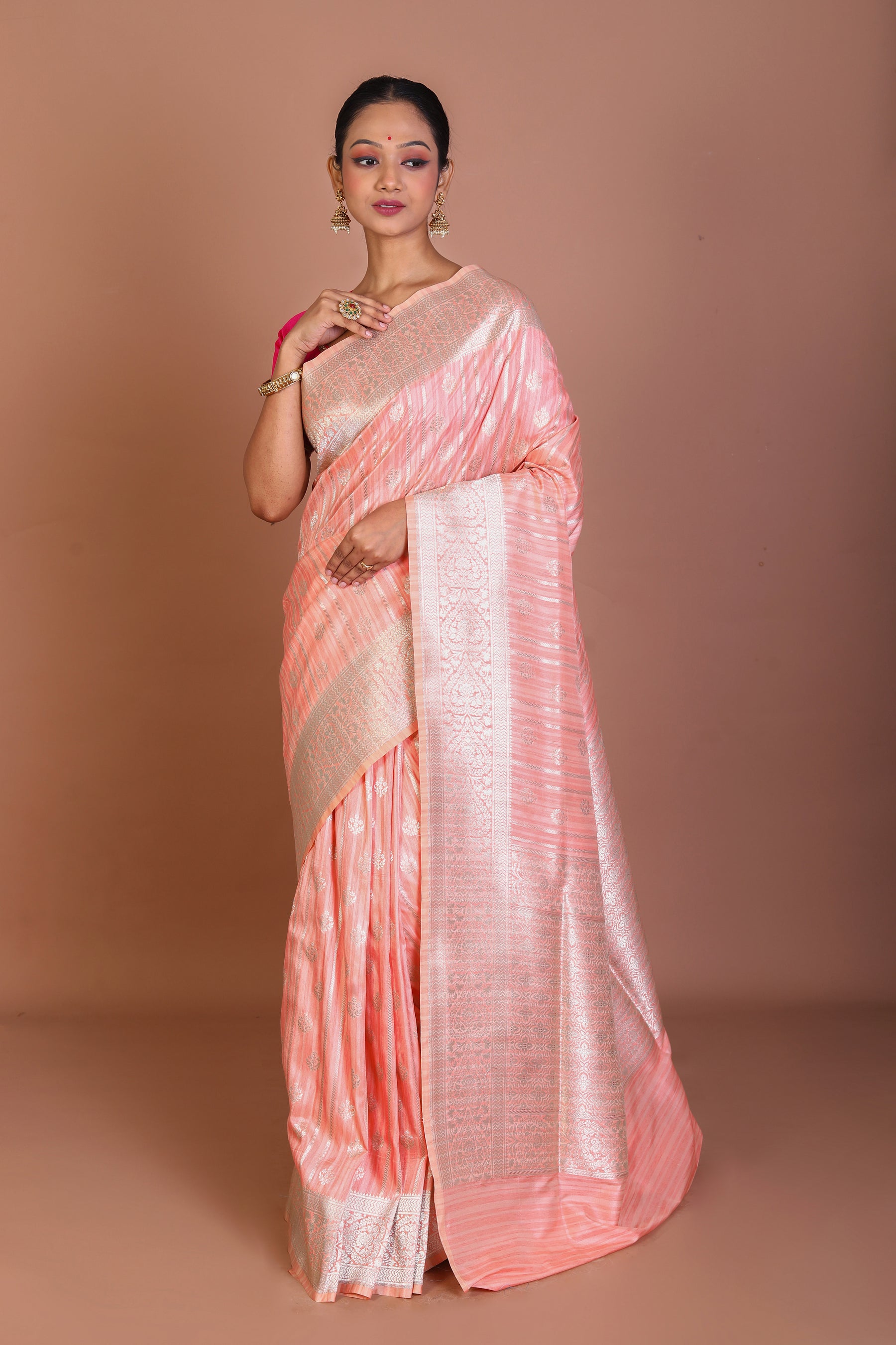 Peach Semi Katan Saree - Keya Seth Exclusive