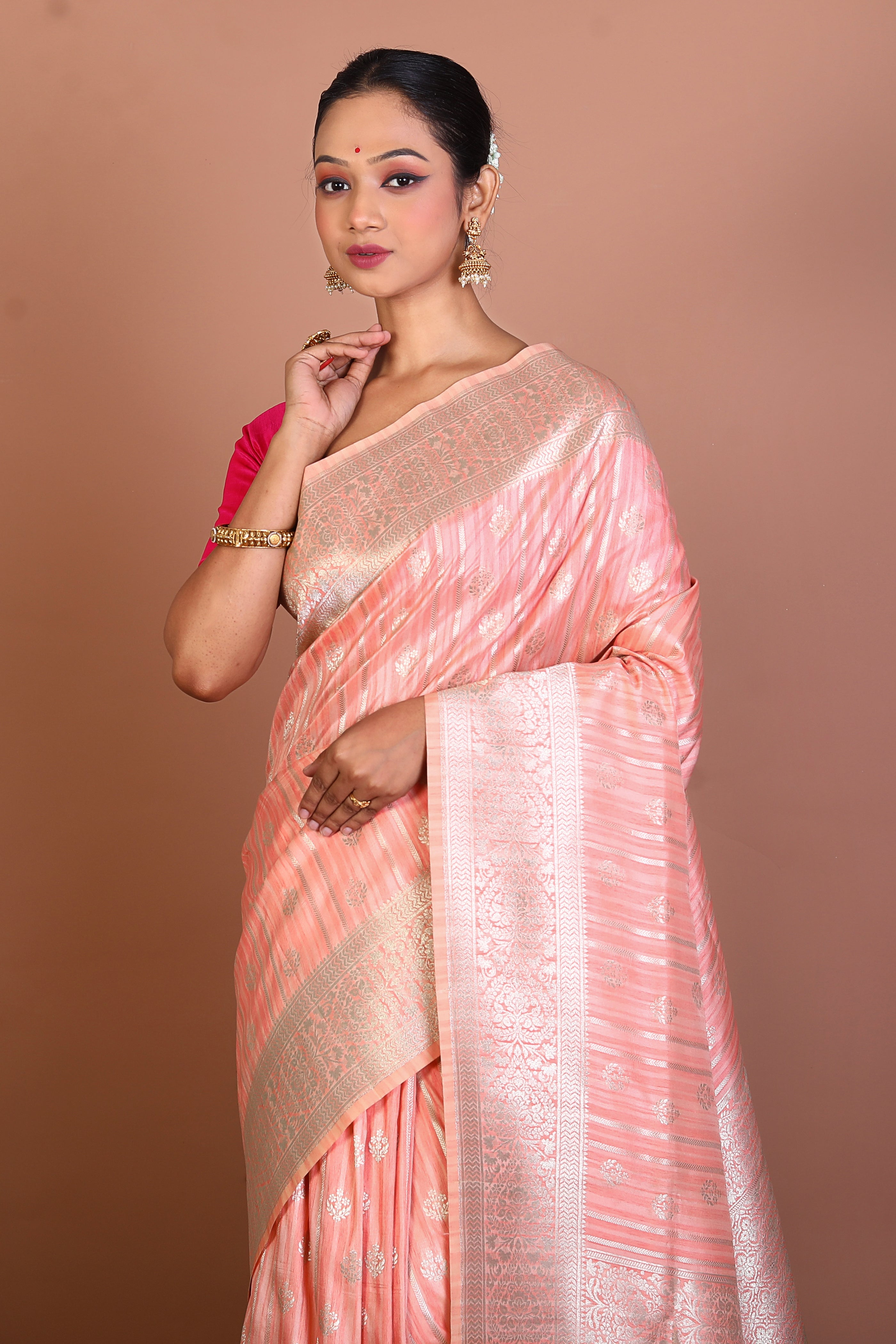 Peach Semi Katan Saree - Keya Seth Exclusive