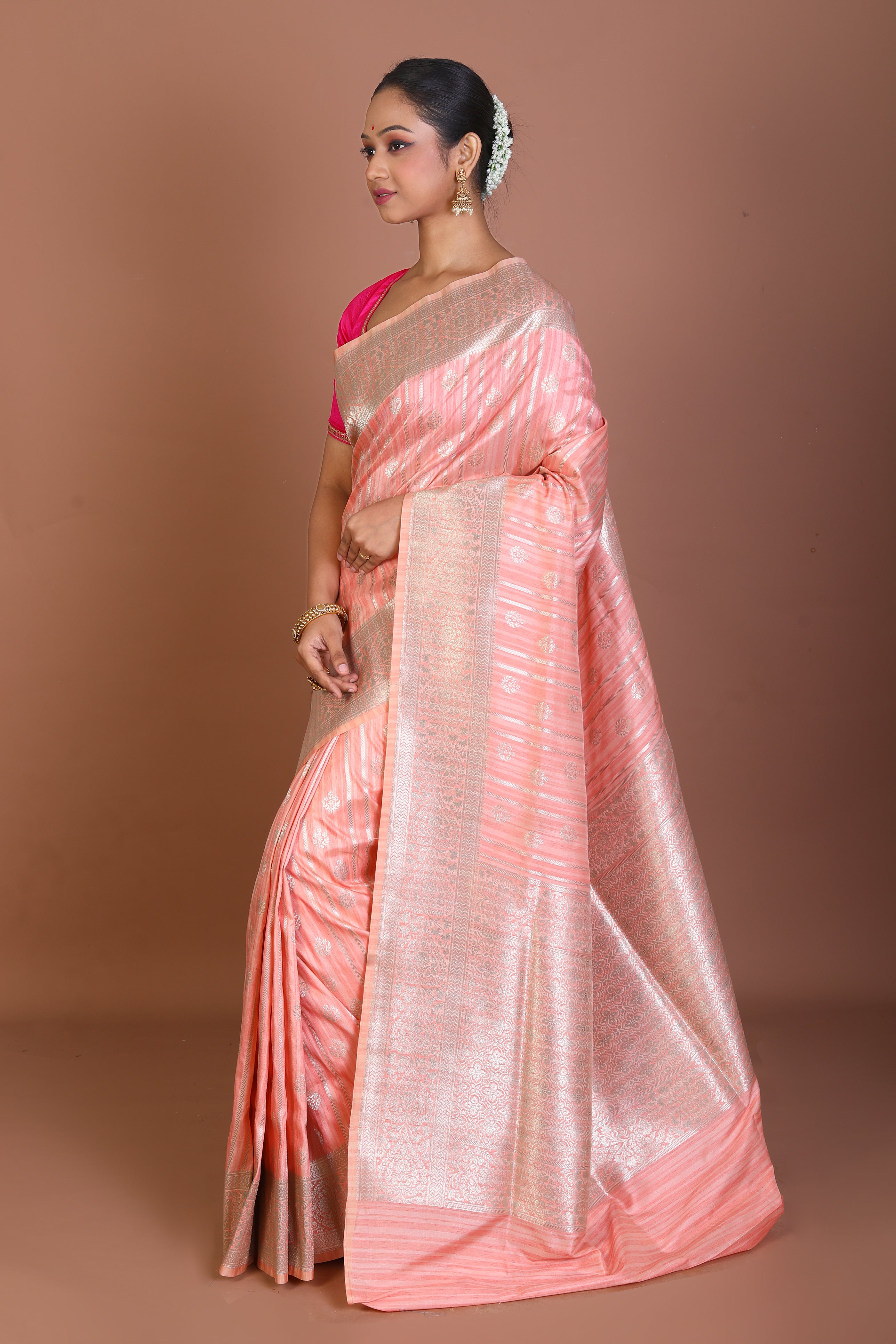 Peach Semi Katan Saree - Keya Seth Exclusive