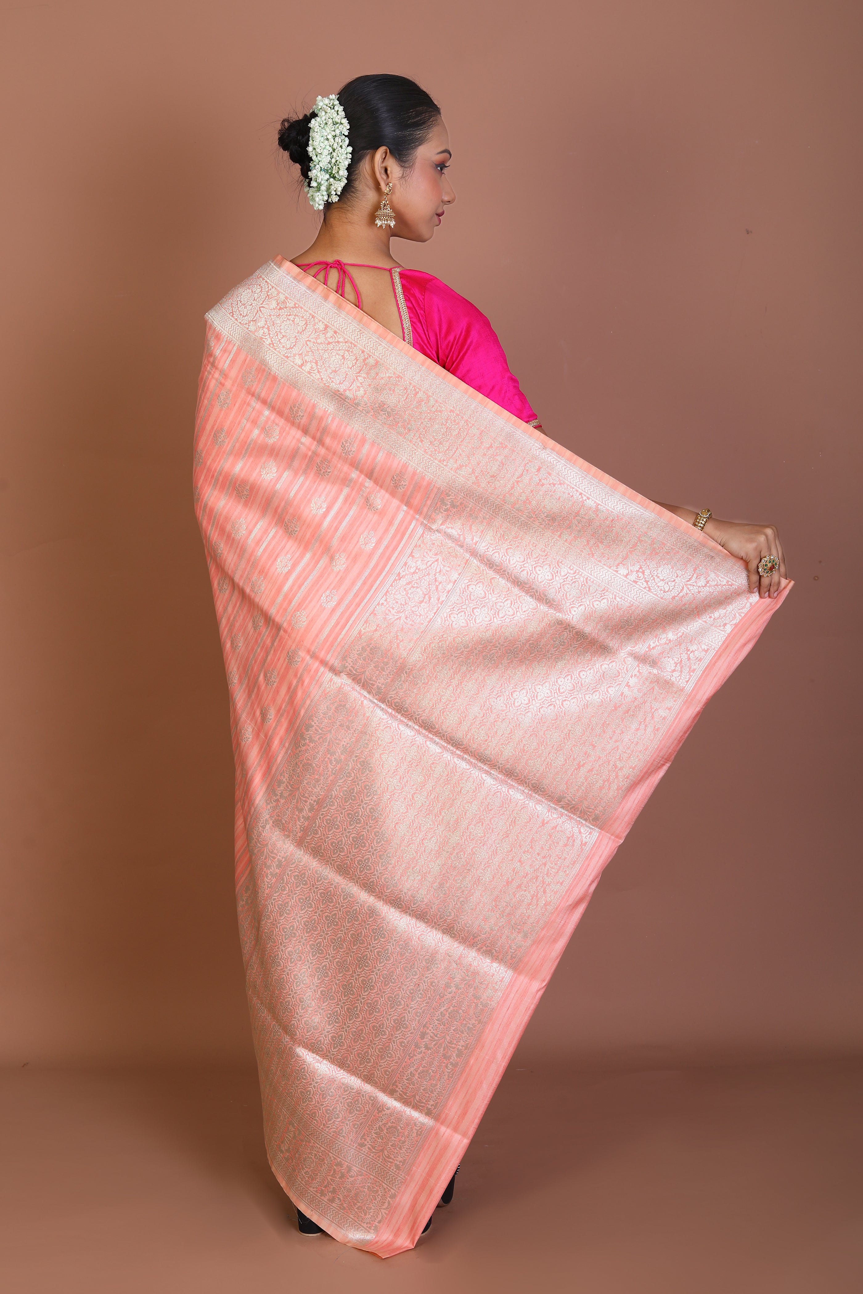Peach Semi Katan Saree - Keya Seth Exclusive