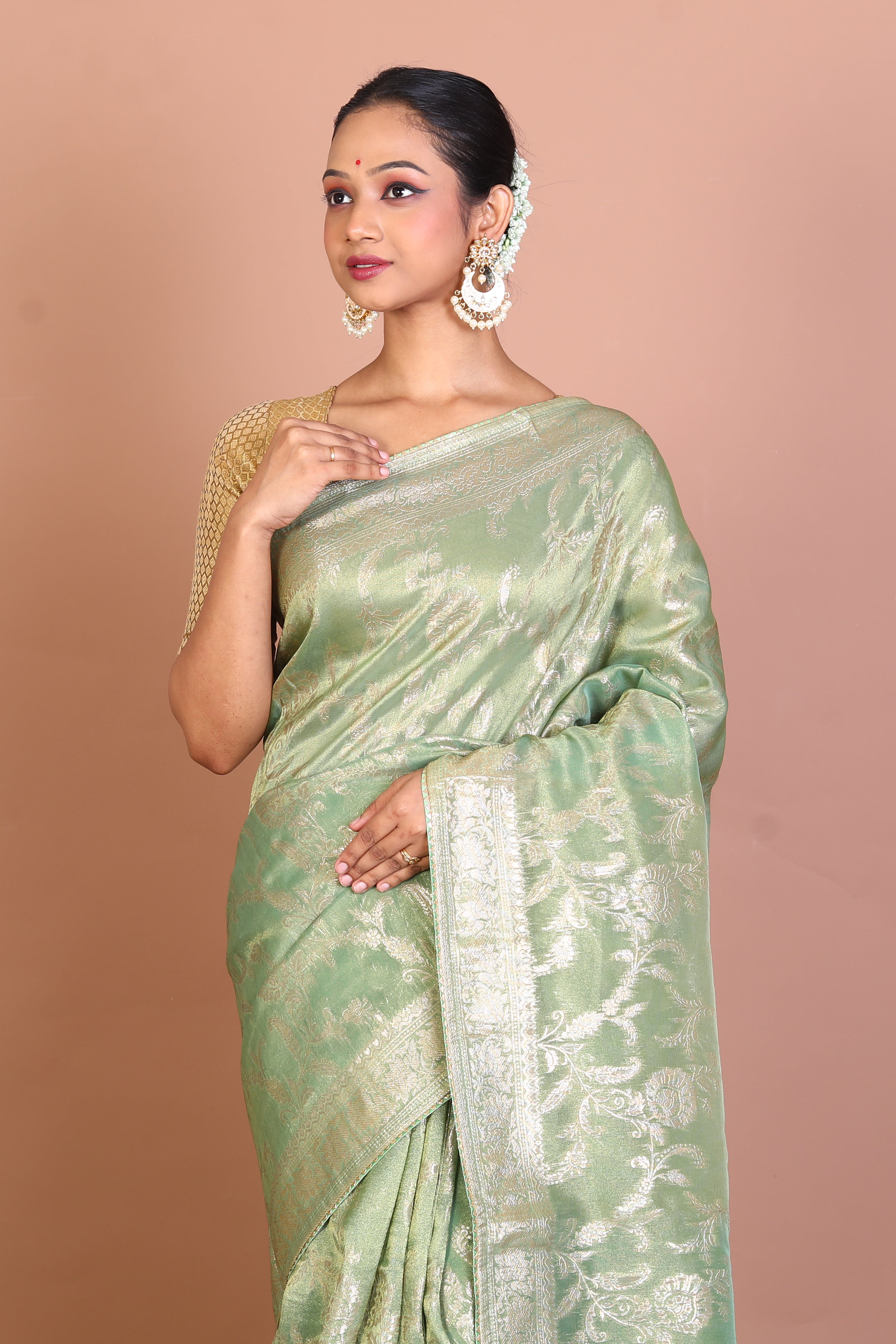 Light Green Blended Khaddi Saree - Keya Seth Exclusive