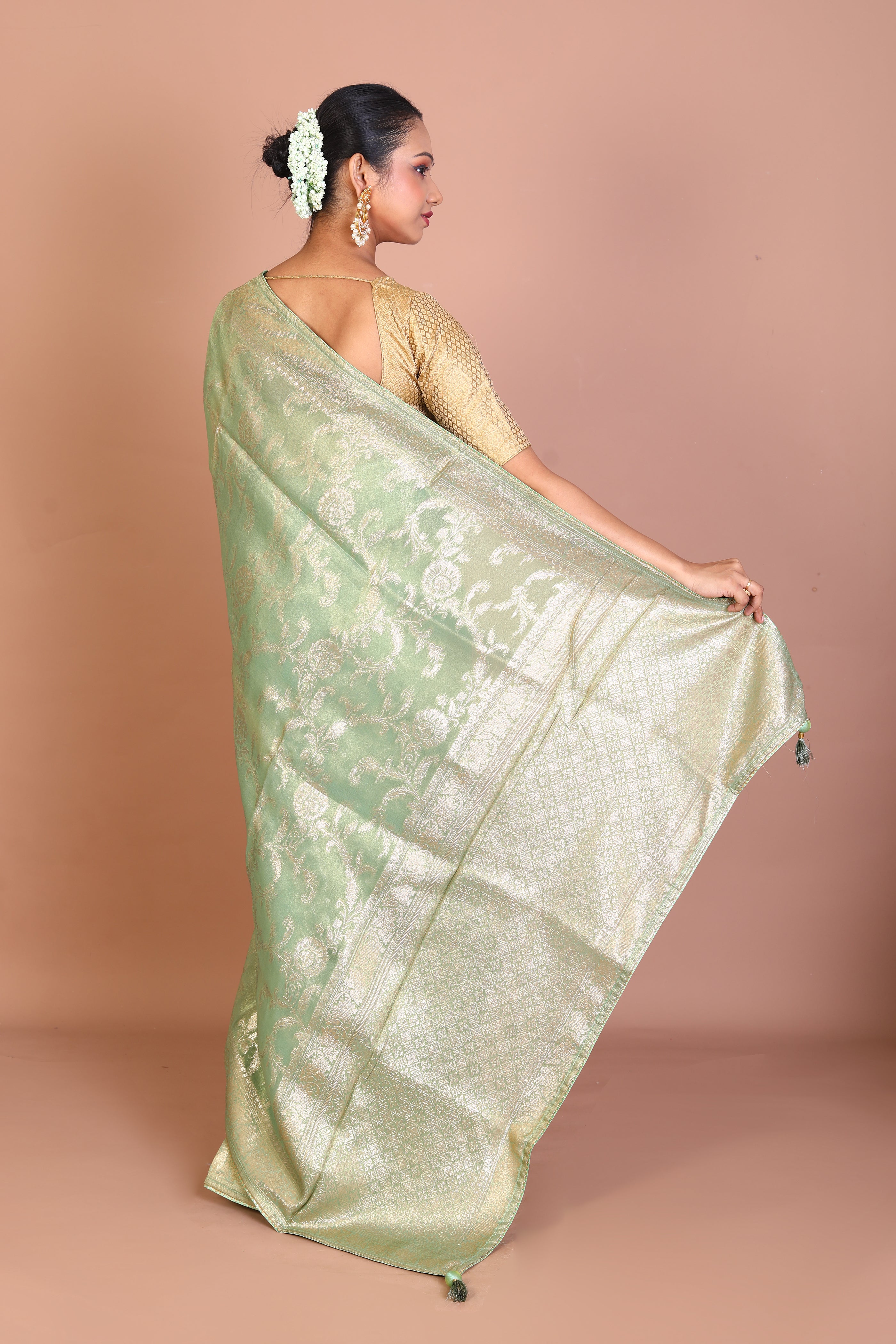 Light Green Blended Khaddi Saree - Keya Seth Exclusive