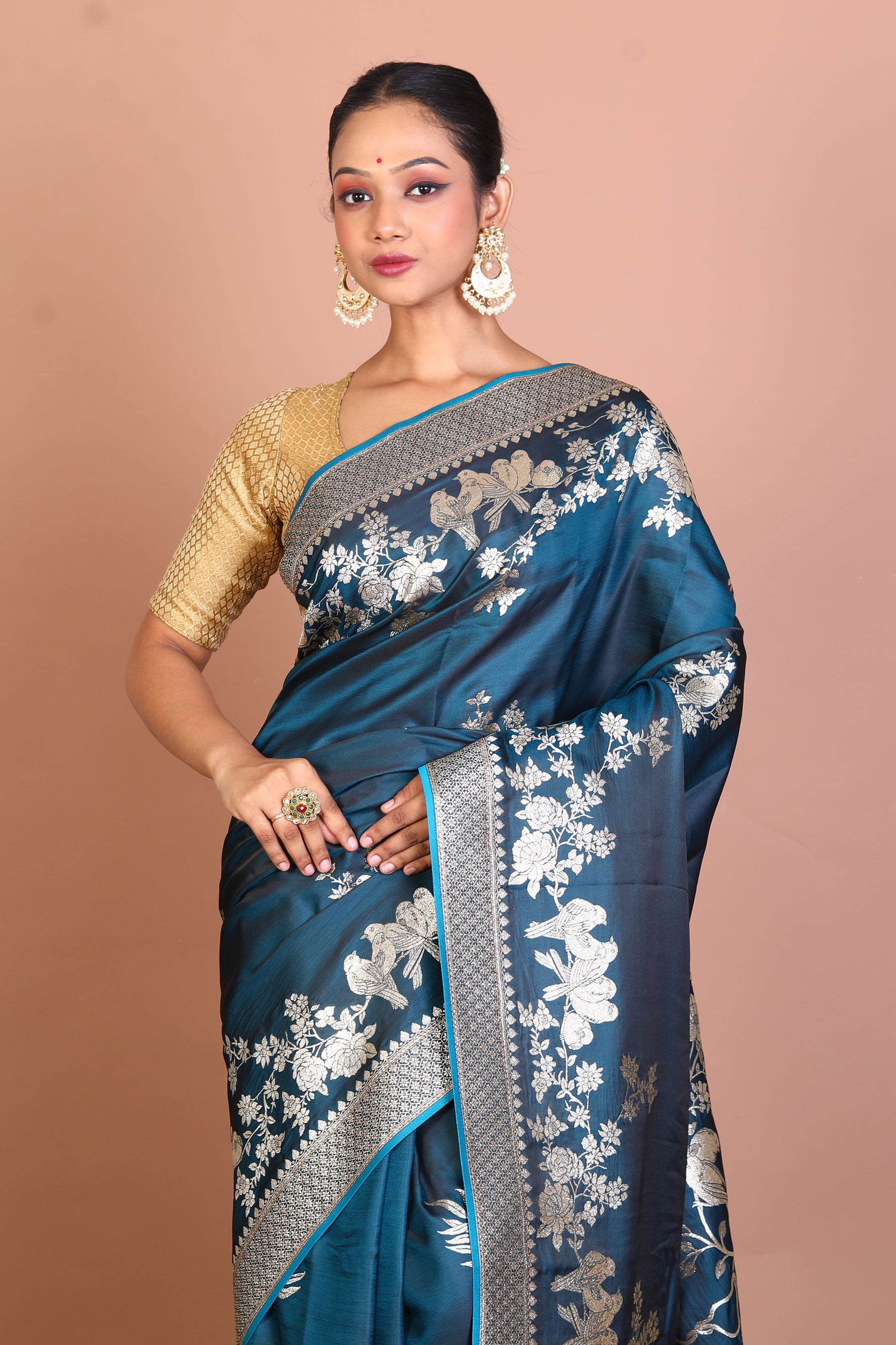Deep Blue Blended Satin Silk Saree - Keya Seth Exclusive