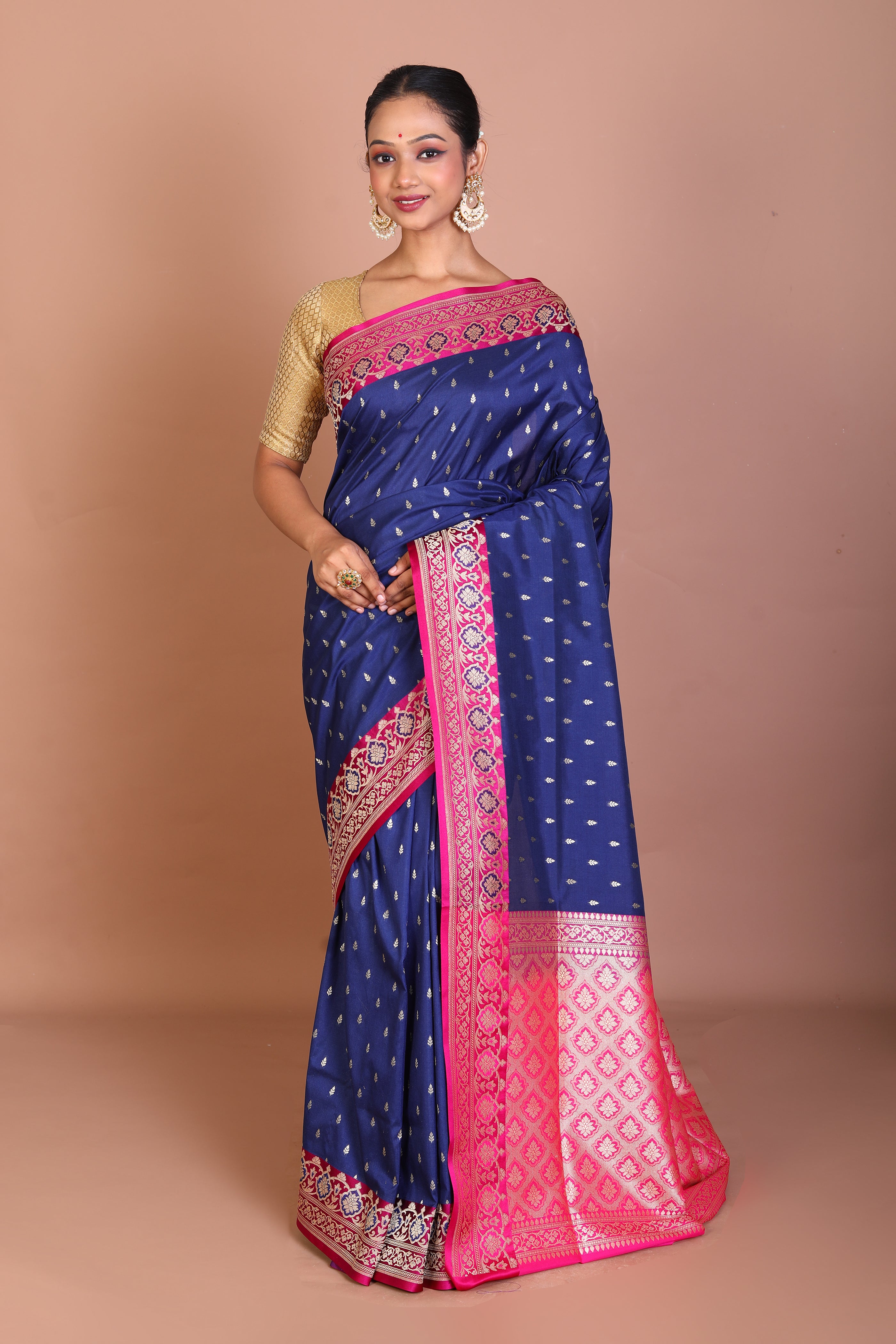 Navy Blue Semi Katan Saree - Keya Seth Exclusive