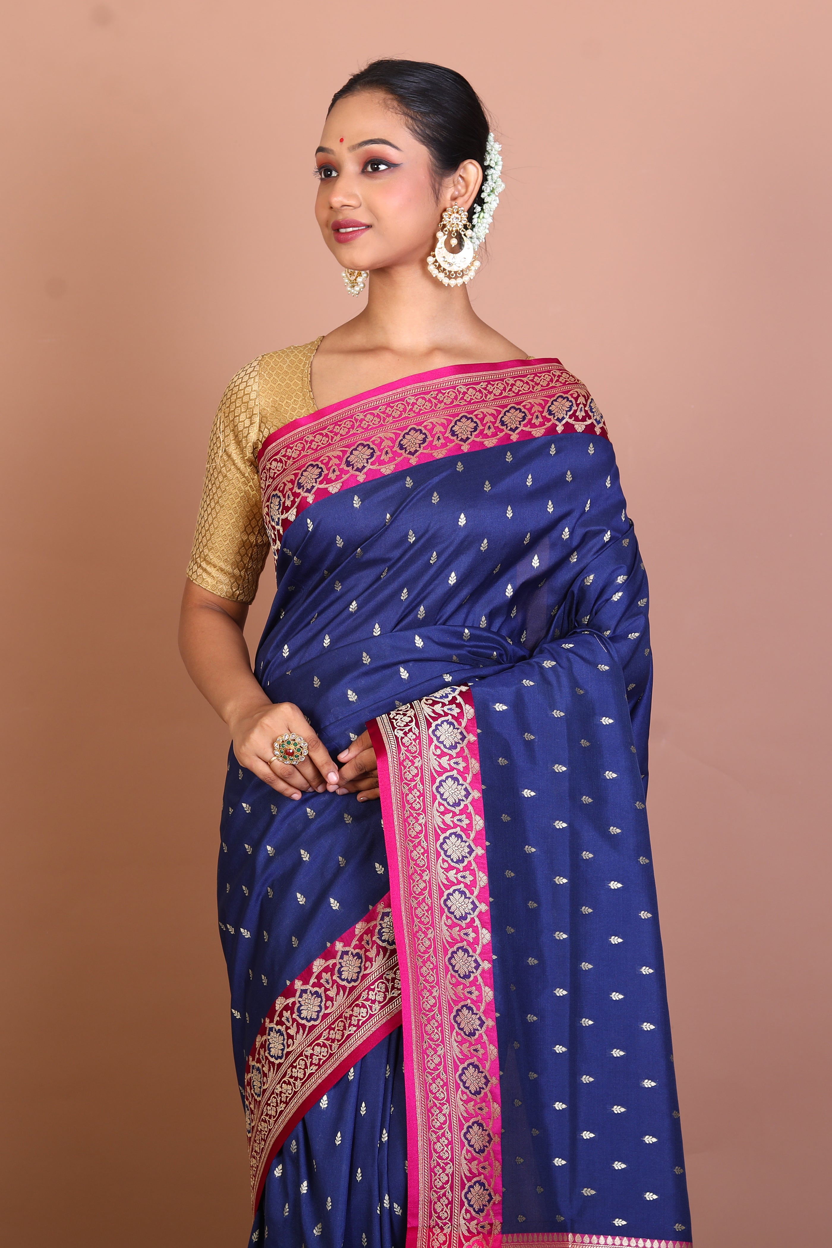 Navy Blue Semi Katan Saree - Keya Seth Exclusive