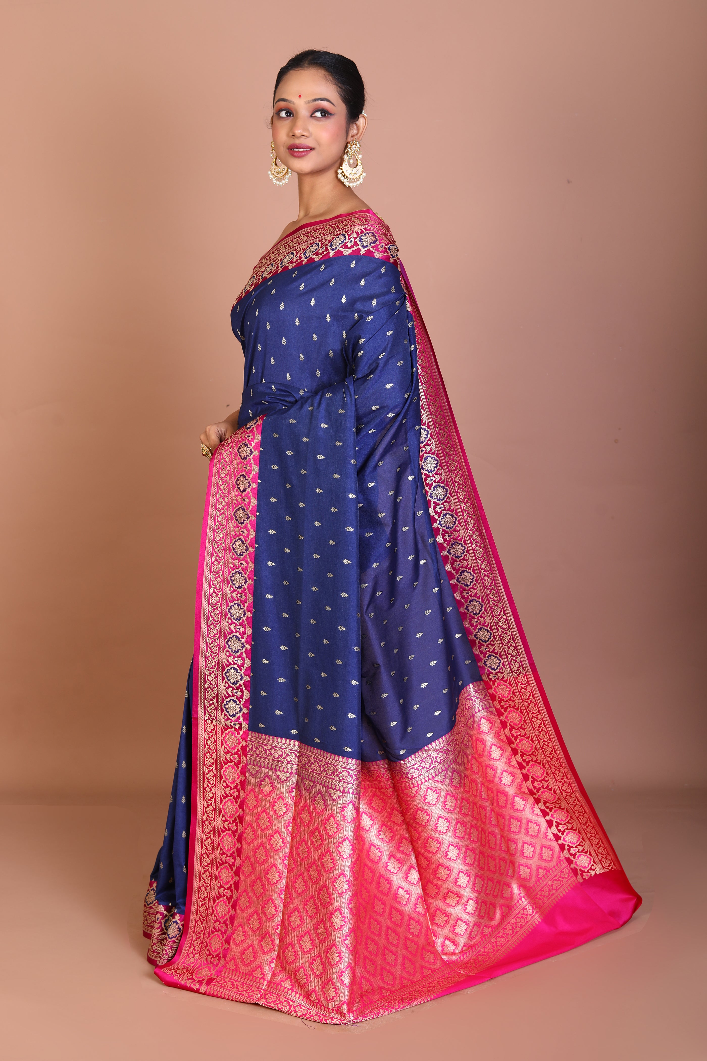 Navy Blue Semi Katan Saree - Keya Seth Exclusive