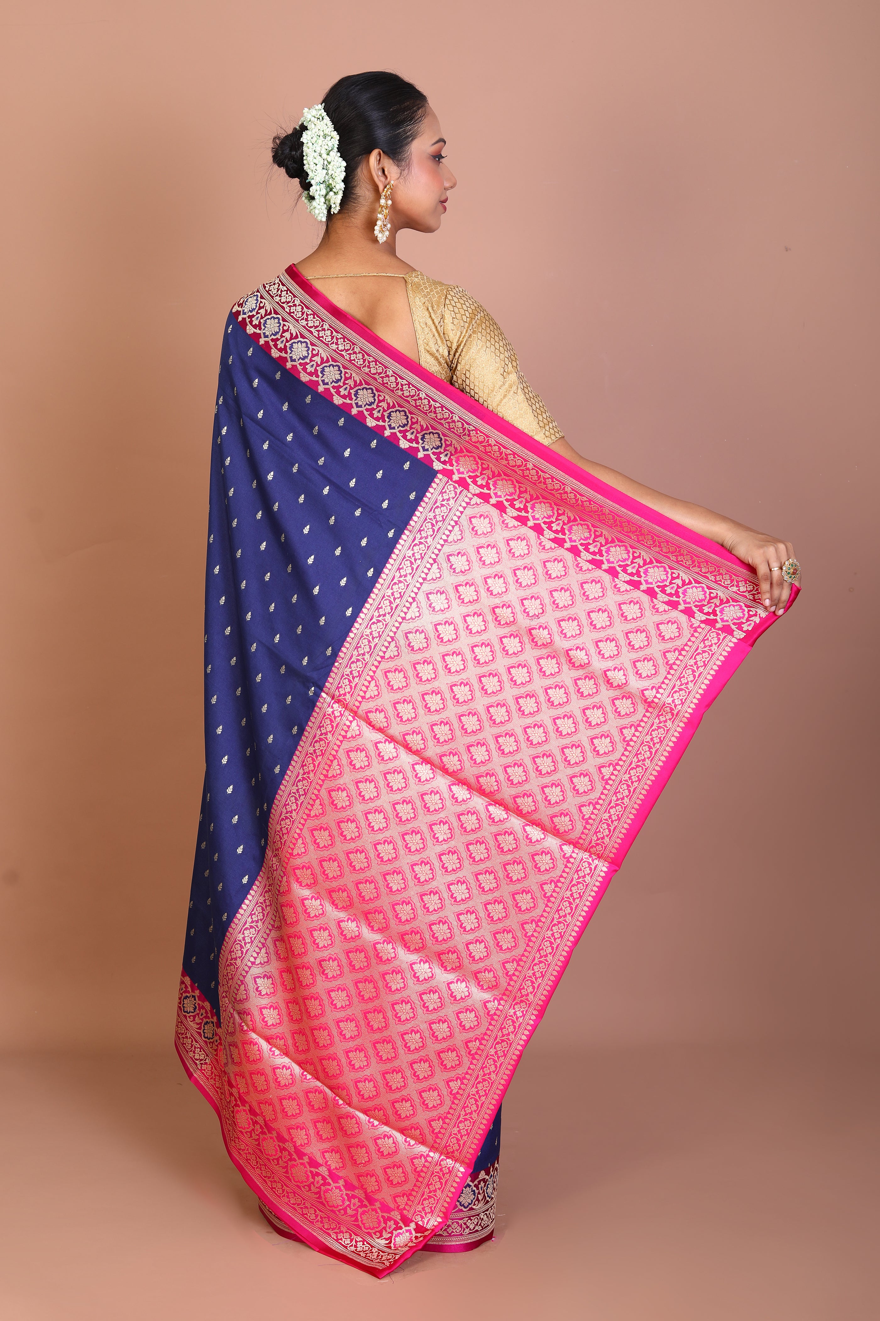 Navy Blue Semi Katan Saree - Keya Seth Exclusive