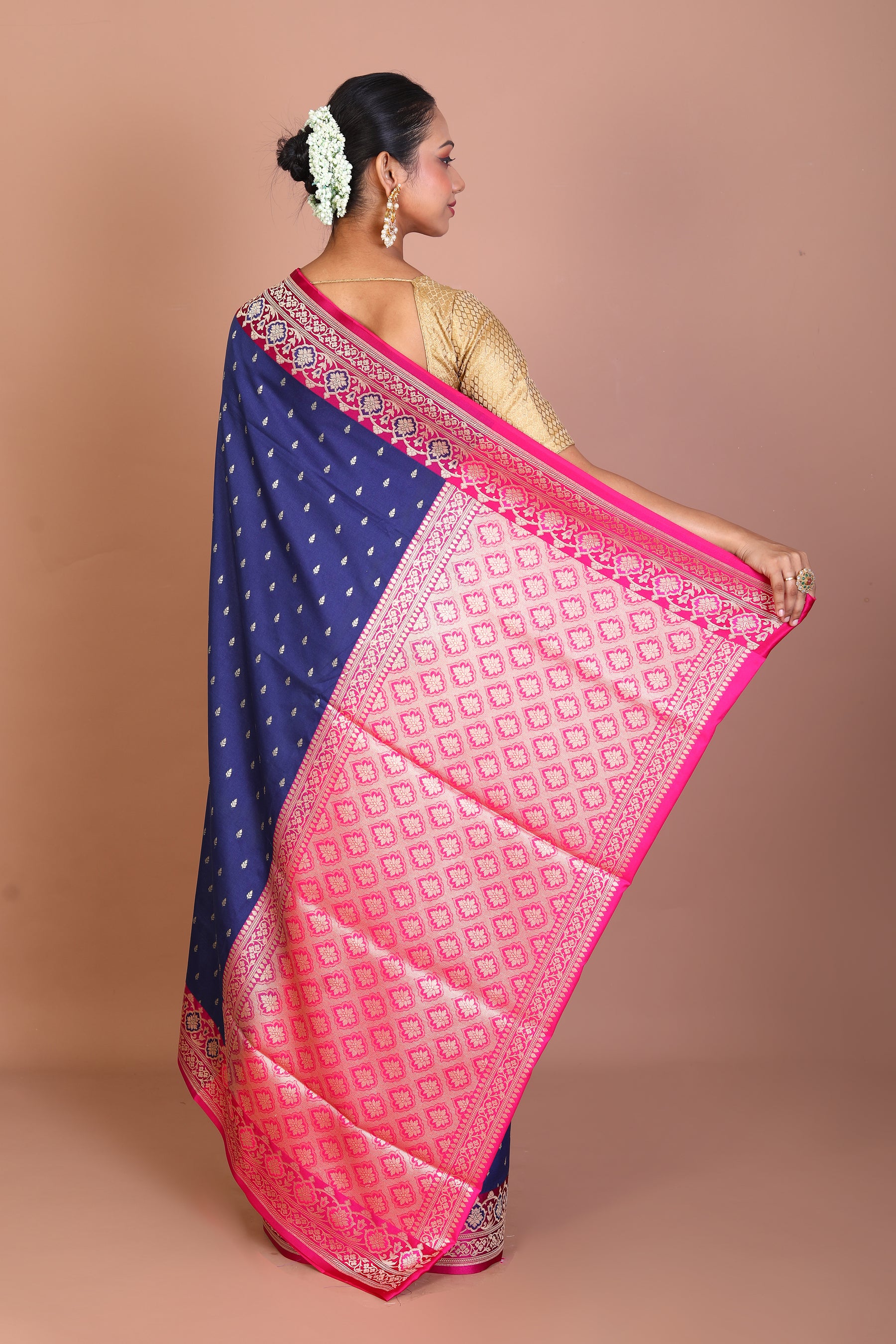 Navy Blue Semi Katan Saree - Keya Seth Exclusive