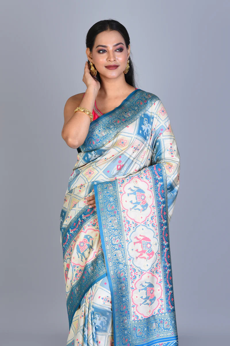 White Blended Ikkat Silk Saree with Blouse Piece - Keya Seth Exclusive