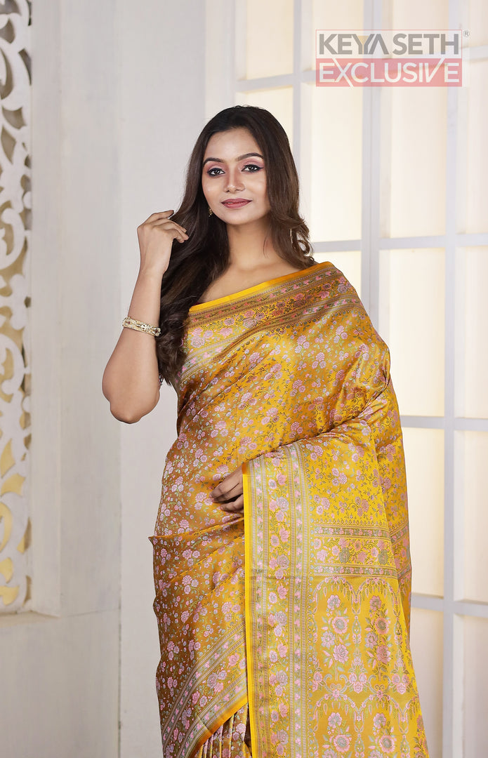 Yellow Ochre Pashmina Silk Saree - Keya Seth Exclusive