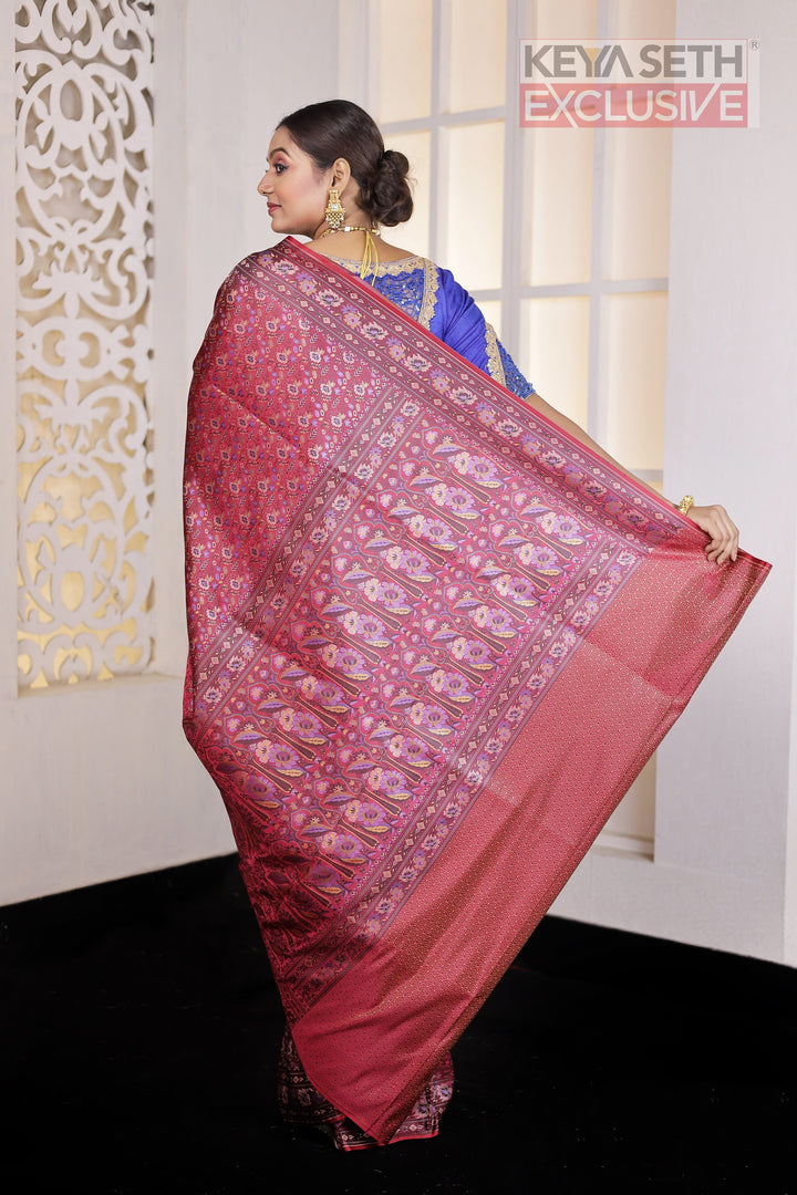 Red Pashmina Silk Saree - Keya Seth Exclusive