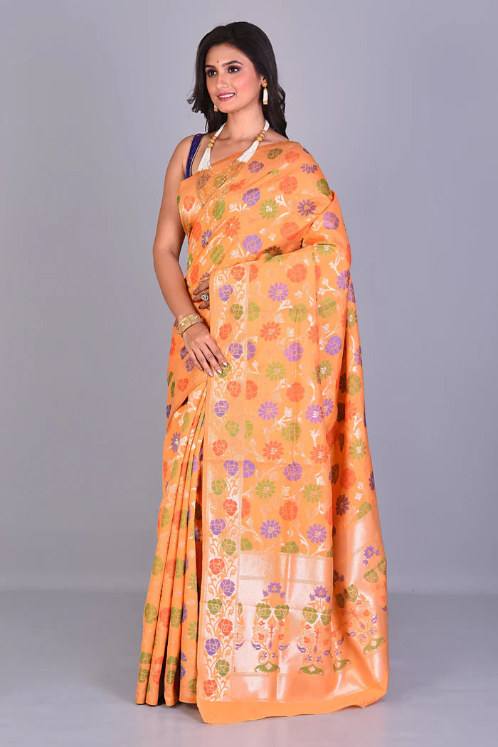 Yellow Blended Silk Saree with Meenakari Works - Keya Seth Exclusive