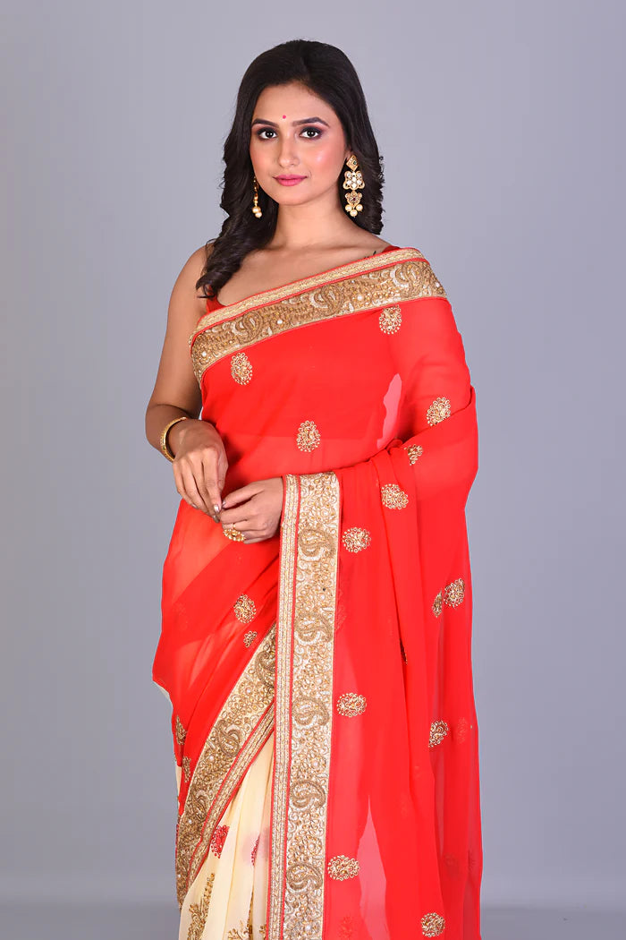 Red & Beige Half & Half Georgette Saree - Keya Seth Exclusive