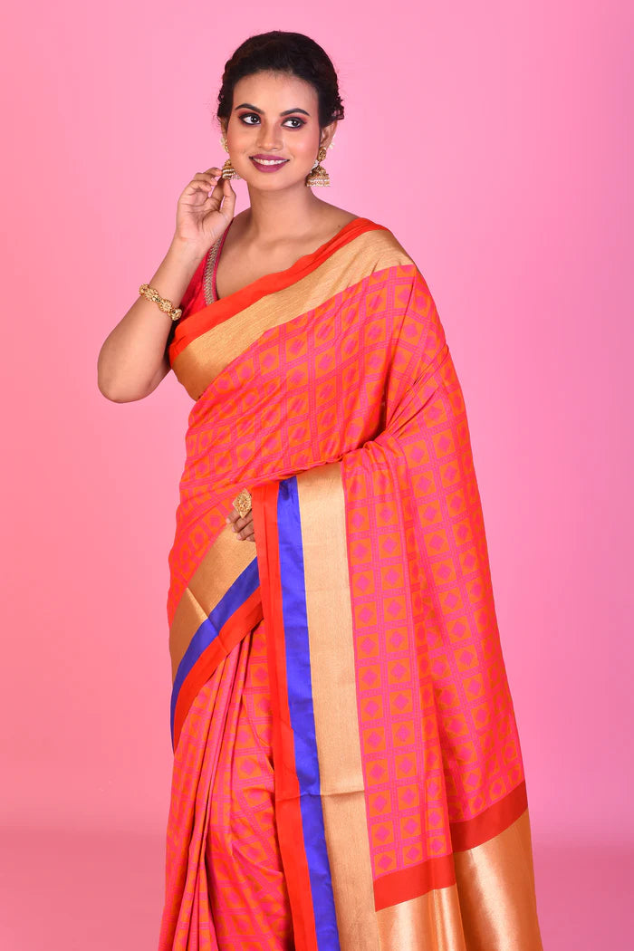 Orange Blended Silk Saree with Red and Blue Borders - Keya Seth Exclusive