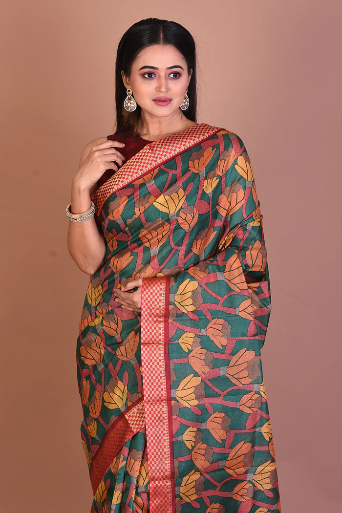 Green Blended Printed Silk Saree - Keya Seth Exclusive