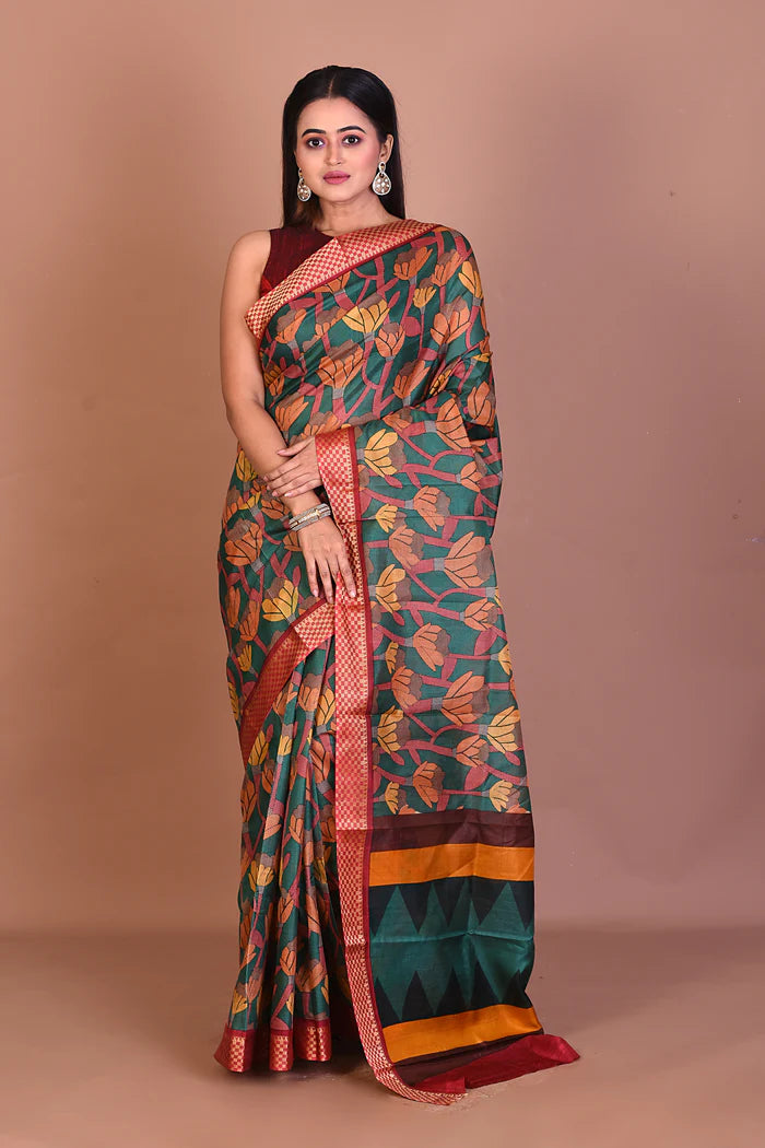 Green Blended Printed Silk Saree - Keya Seth Exclusive