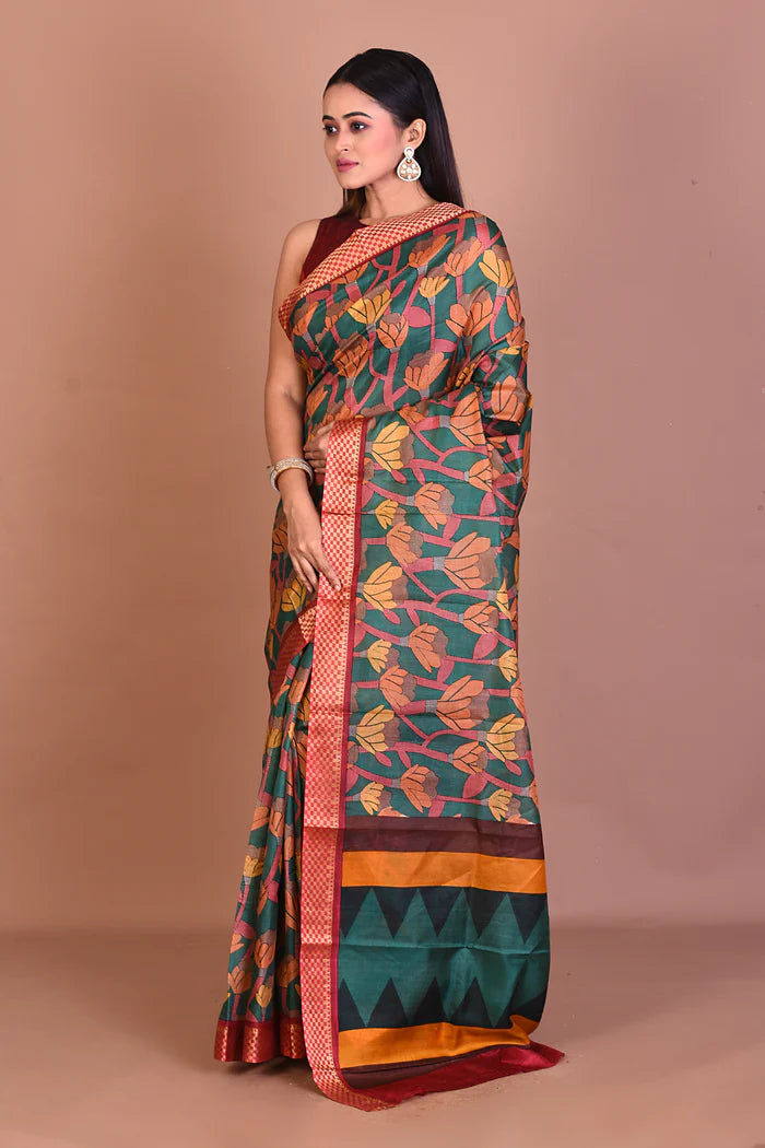 Green Blended Printed Silk Saree - Keya Seth Exclusive