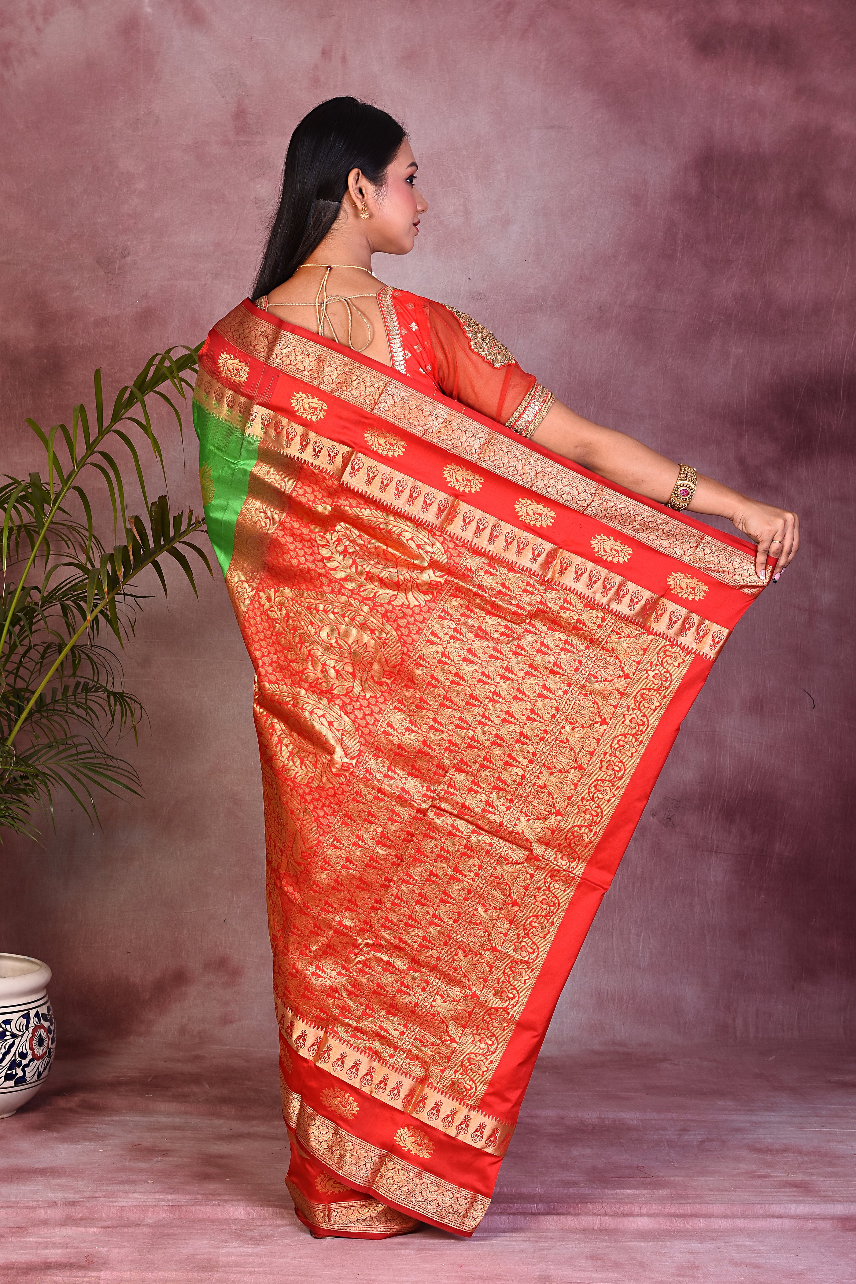 Parrot Green with Red Borders Pure Kanjivaram Saree - Keya Seth Exclusive