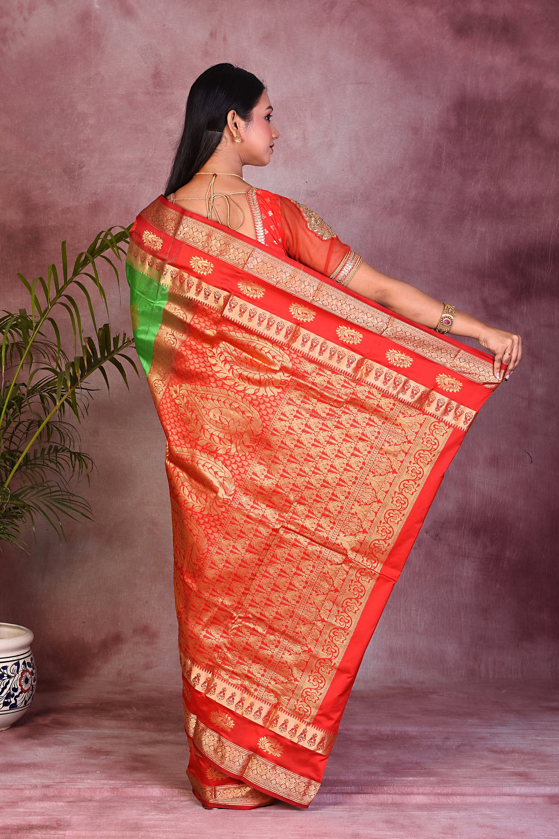 Parrot Green with Red Borders Pure Kanjivaram Saree - Keya Seth Exclusive