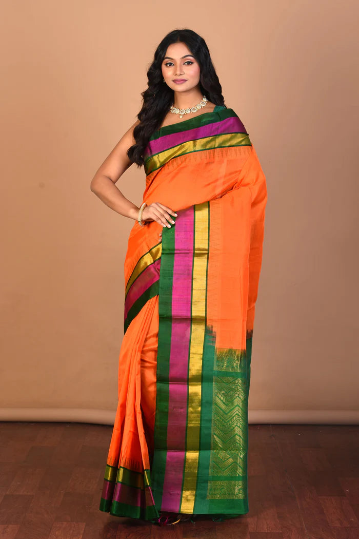 Orange Mangalgiri Saree with Blouse Piece - Keya Seth Exclusive