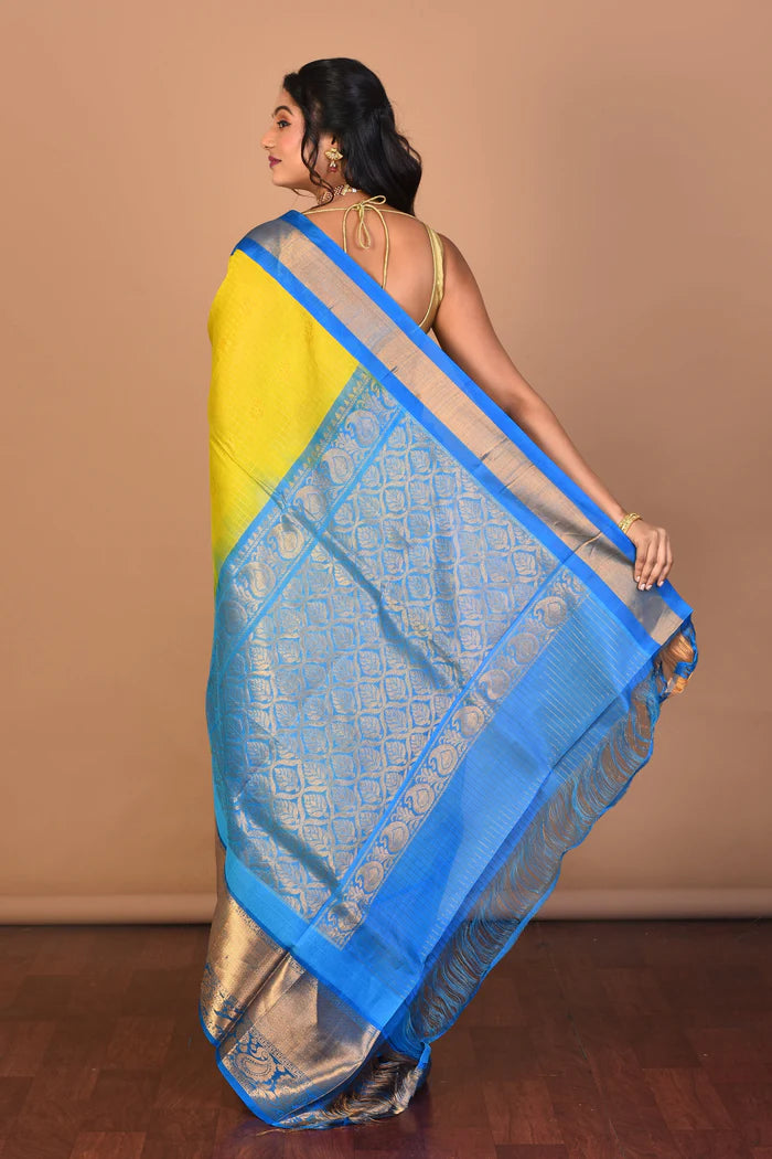 Bright Yellow Pure Mangalgiri Silk Saree with Blouse Piece - Keya Seth Exclusive