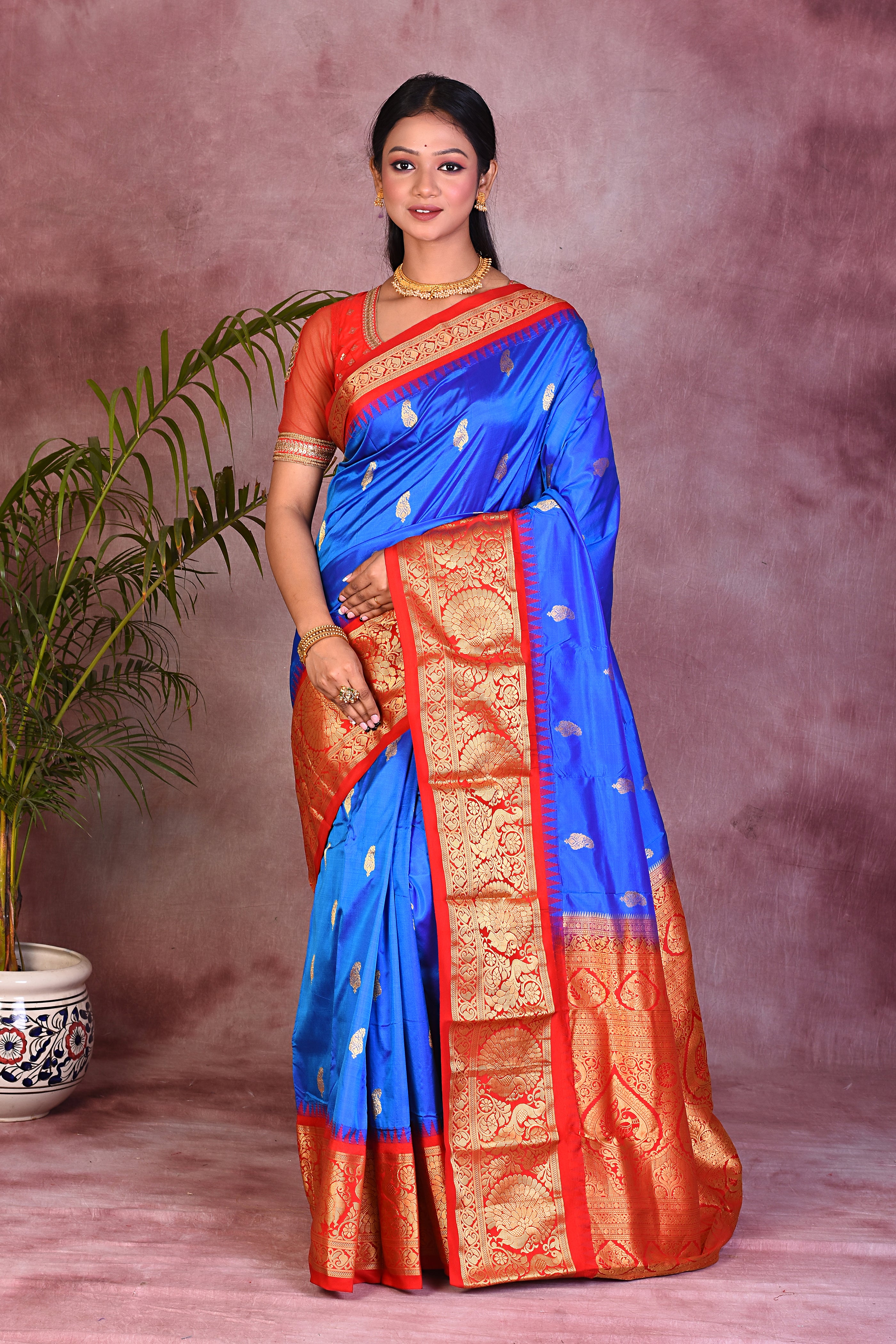 Royal Blue with Red Borders Pure Kanjivaram Saree - Keya Seth Exclusive