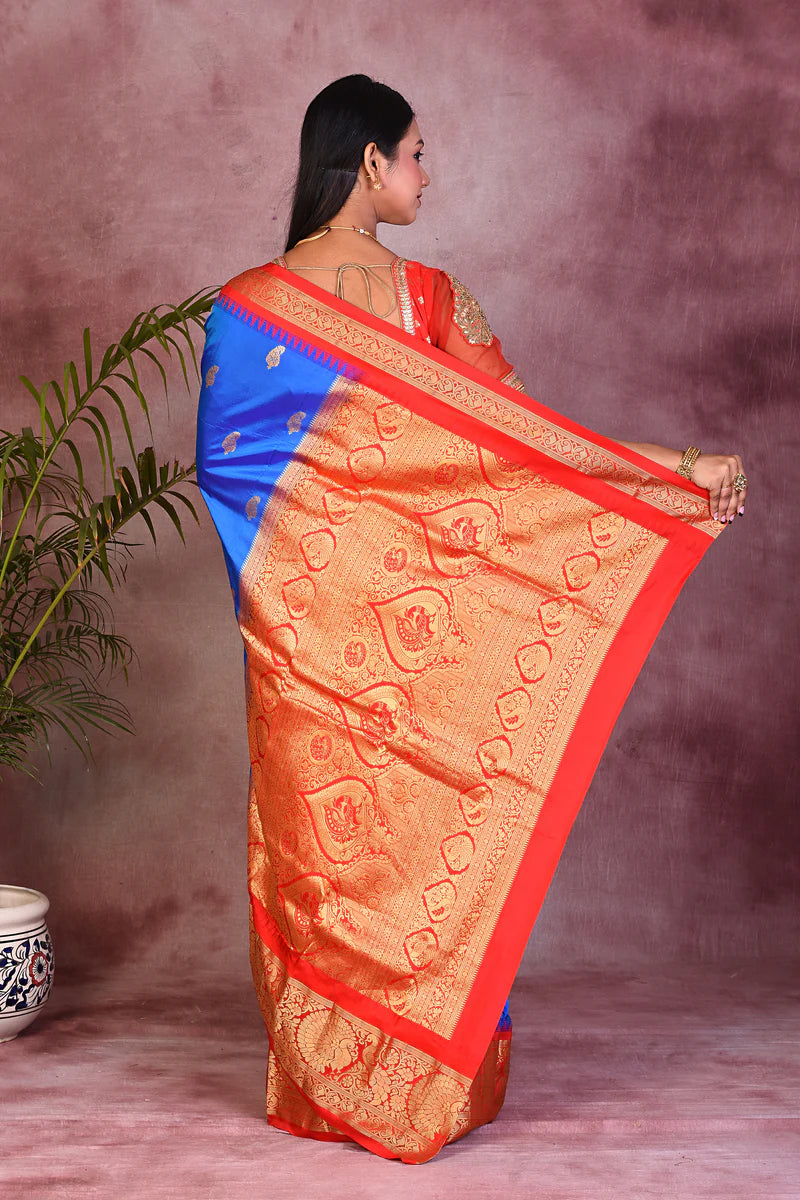 Royal Blue with Red Borders Pure Kanjivaram Saree - Keya Seth Exclusive