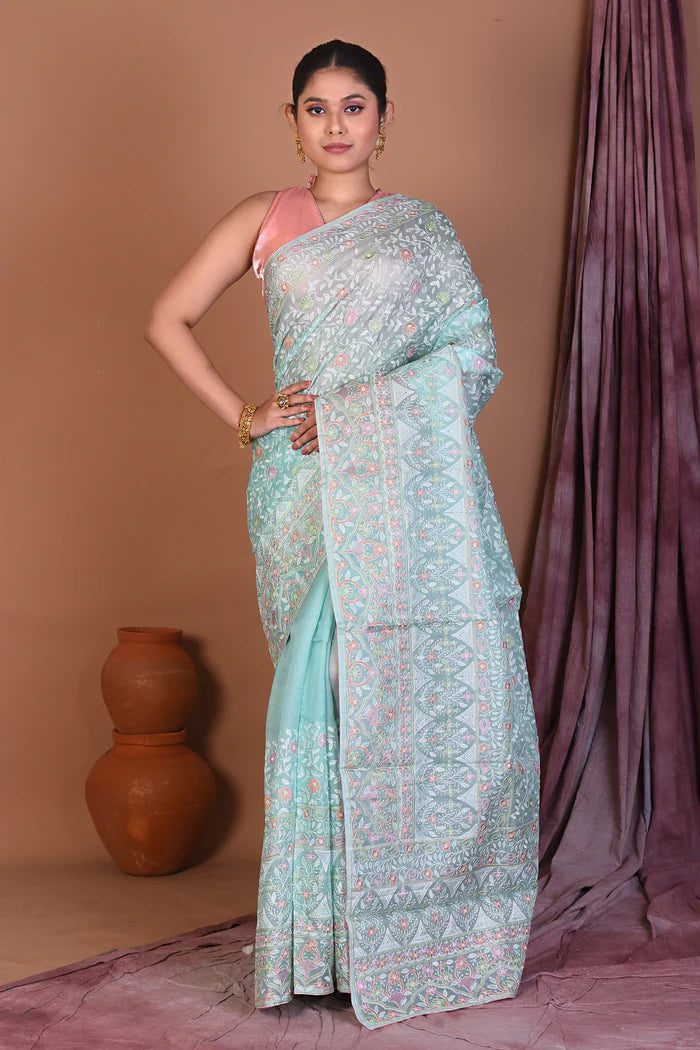 Sky Blue Pure Silk Saree with Threadwork - Keya Seth Exclusive