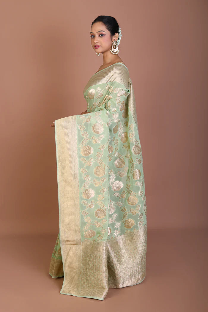 Light Green Blended Khaddi Saree - Keya Seth Exclusive