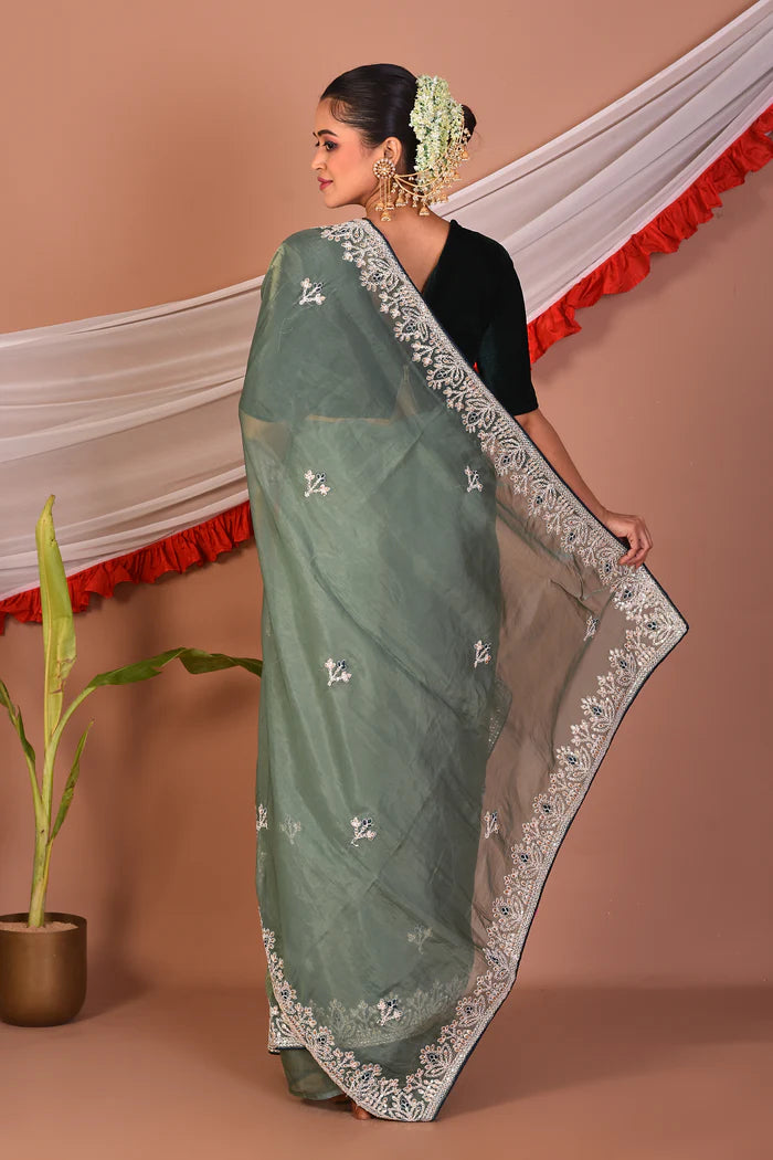 Light Green Blended Organza Saree - Keya Seth Exclusive