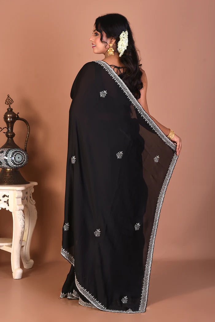 Black Blended Satin Silk Saree - Keya Seth Exclusive