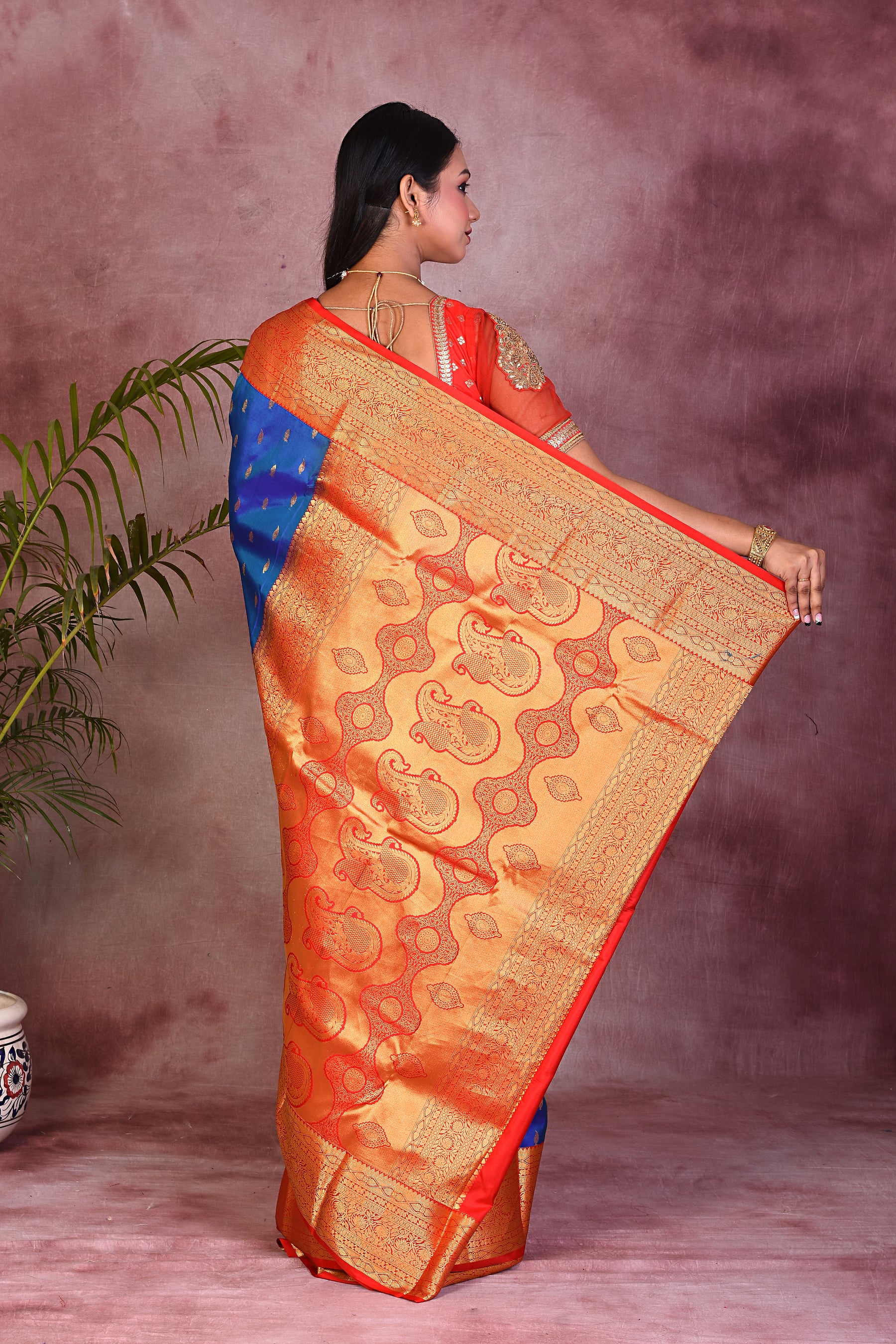 Royal Blue Dual Tone with Red Borders Pure Kanjivaram Saree - Keya Seth Exclusive