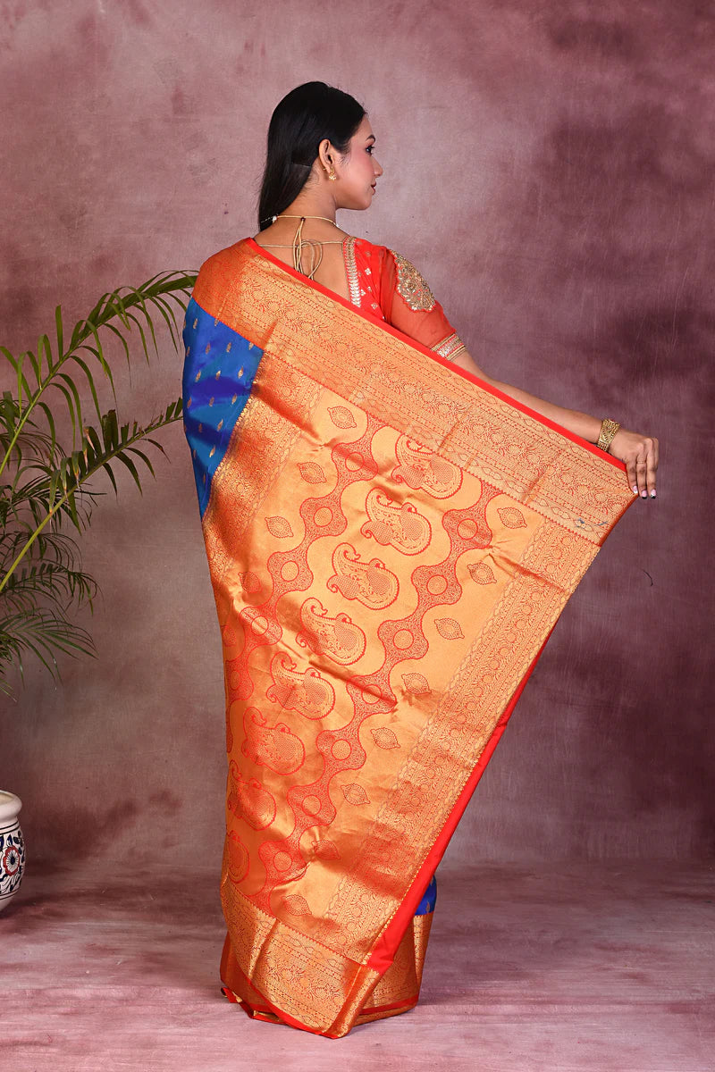 Royal Blue Dual Tone with Red Borders Pure Kanjivaram Saree - Keya Seth Exclusive
