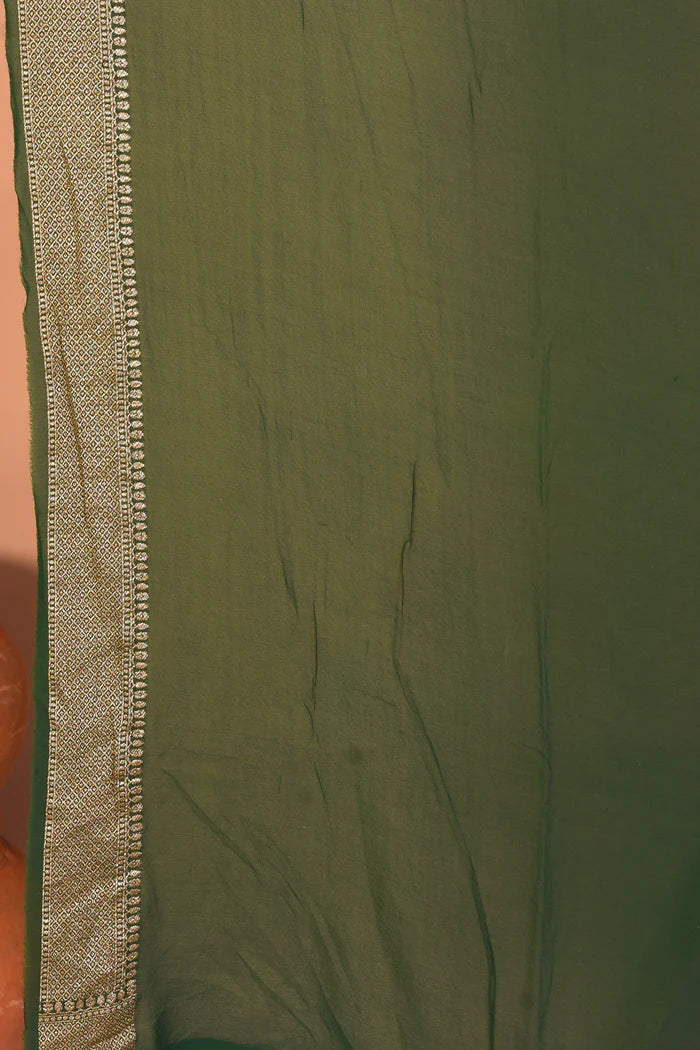 Leaf Green Pure Georgette Saree with Deep Green Borders - Keya Seth Exclusive