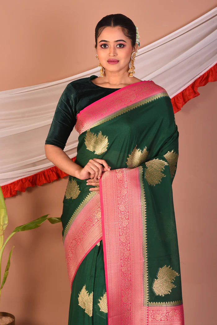 Dark Green Blended Khaddi Saree - Keya Seth Exclusive