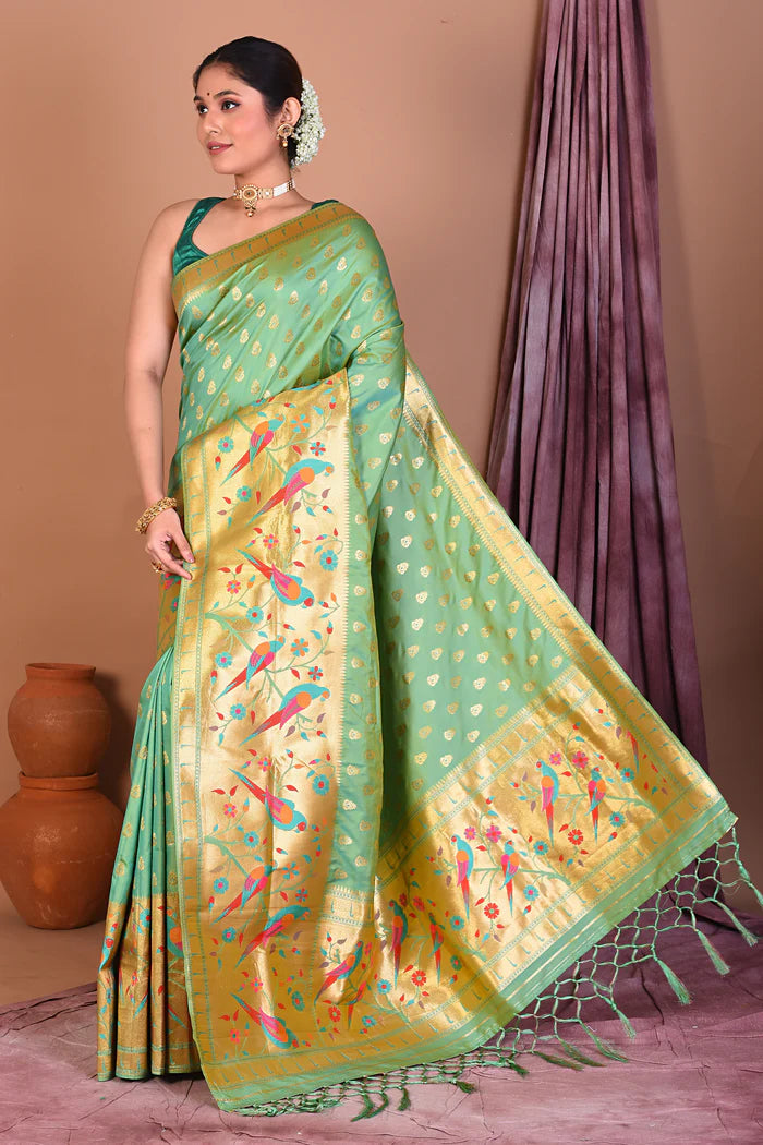 Sea Green Blended Paithani Saree with Golden Zari - Keya Seth Exclusive