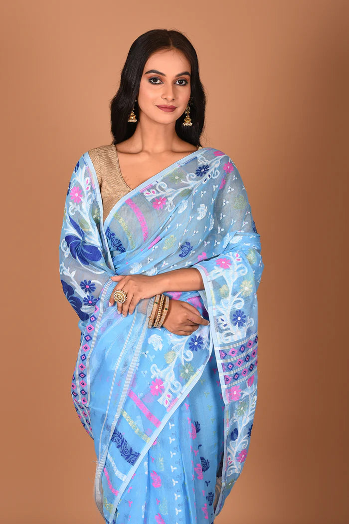 Aqua Blue Jamdani Saree - Keya Seth Exclusive