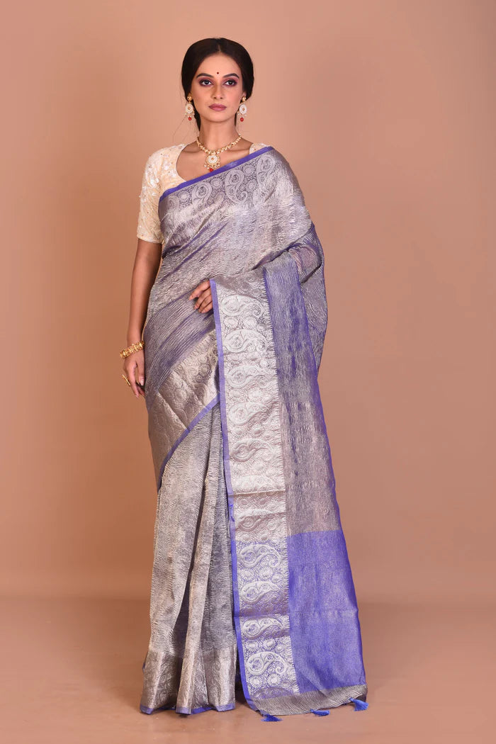Blue and Golden Fancy Blended Tissue Saree with Blouse Piece - Keya Seth Exclusive