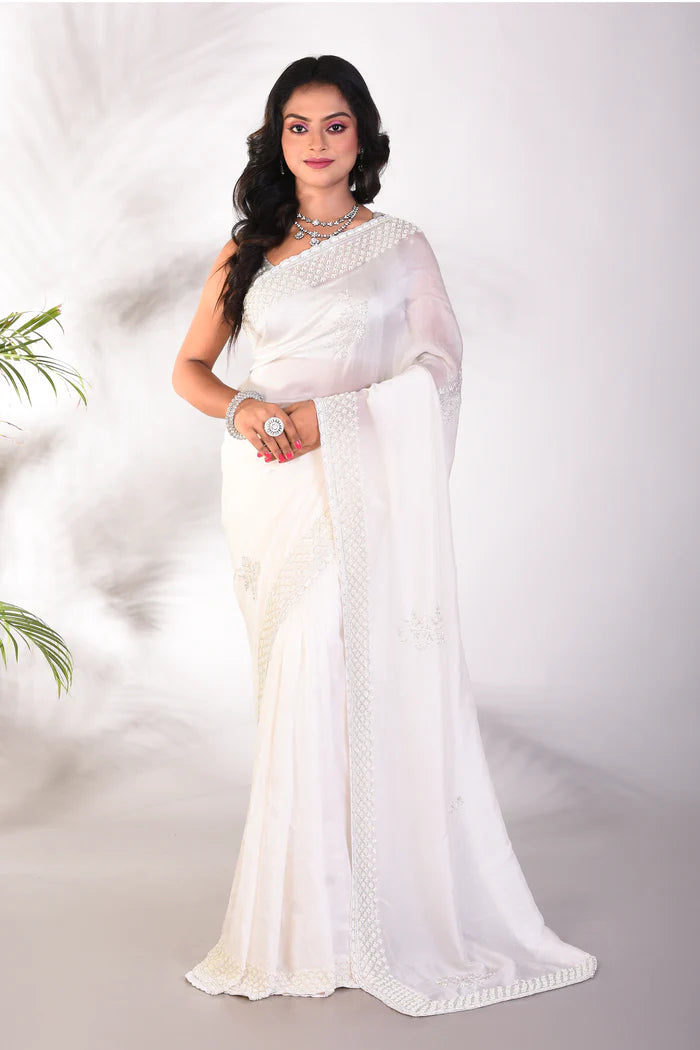 Fancy White Satin Silk Saree - Keya Seth Exclusive