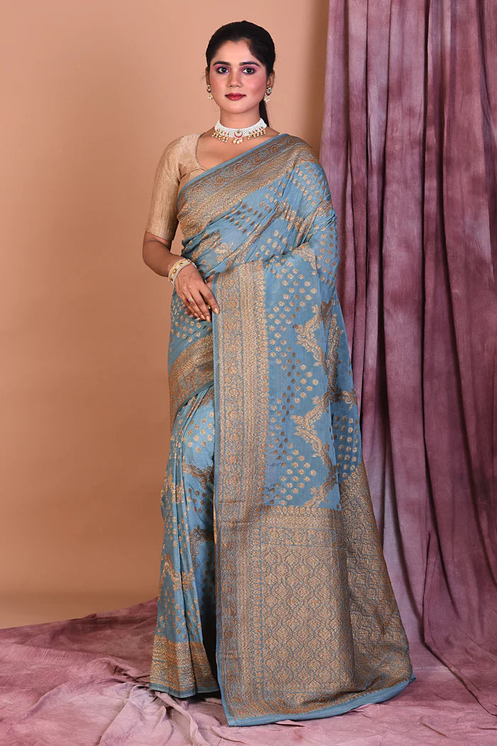 Designer Grey Khaddi Saree with Golden Borders - Keya Seth Exclusive