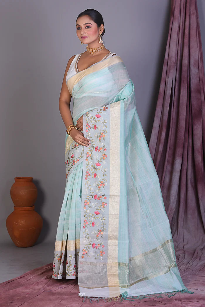 Sky Blue Blended Organza Saree with Threadwork - Keya Seth Exclusive