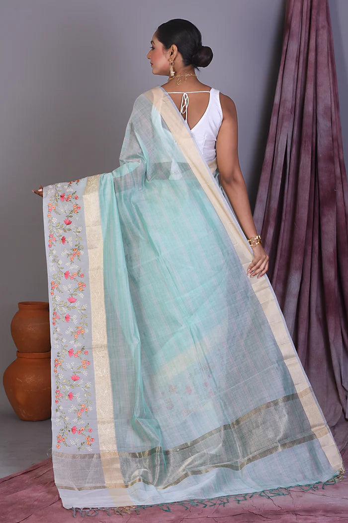 Sky Blue Blended Organza Saree with Threadwork - Keya Seth Exclusive