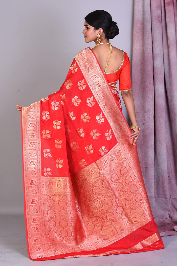 Red Blended Organza Saree with Golden Zari - Keya Seth Exclusive