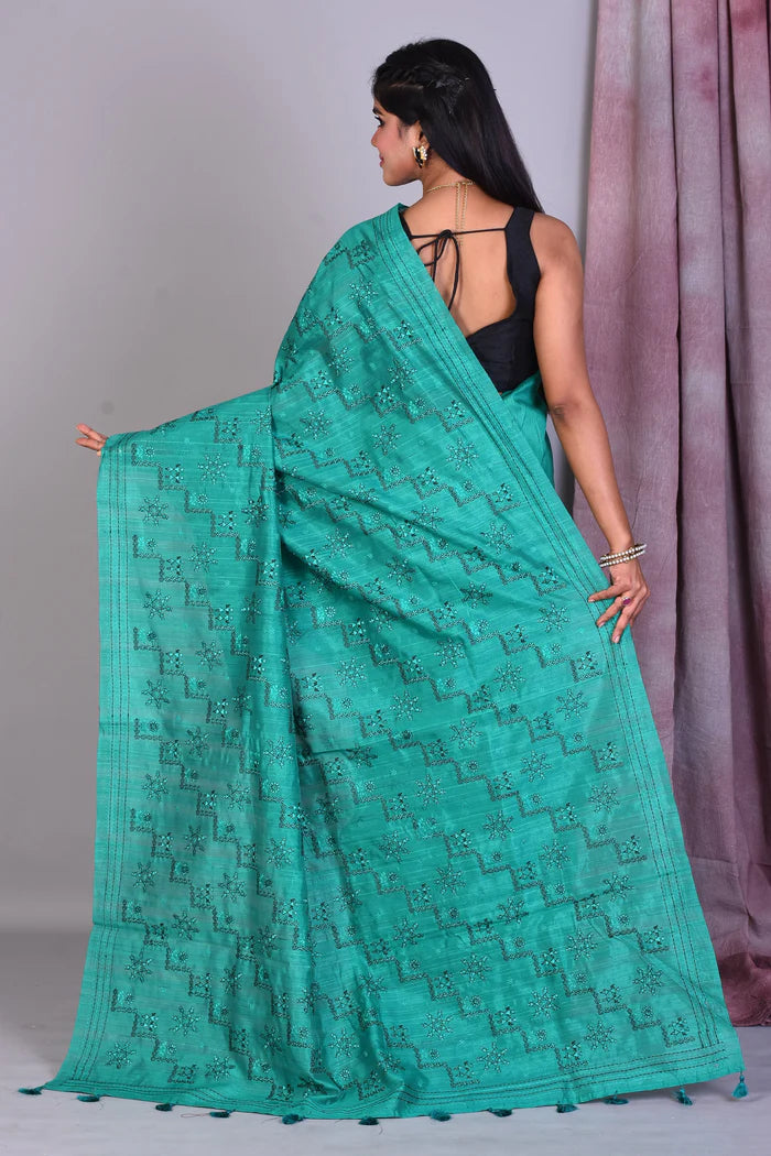 Rama Green Blended Silk Saree with Threadwork - Keya Seth Exclusive