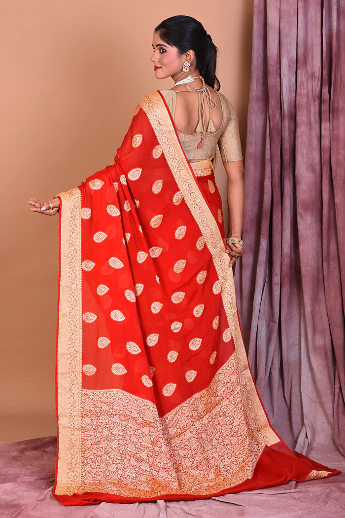 Designer Red Khaddi Georgette Saree with Golden Borders - Keya Seth Exclusive