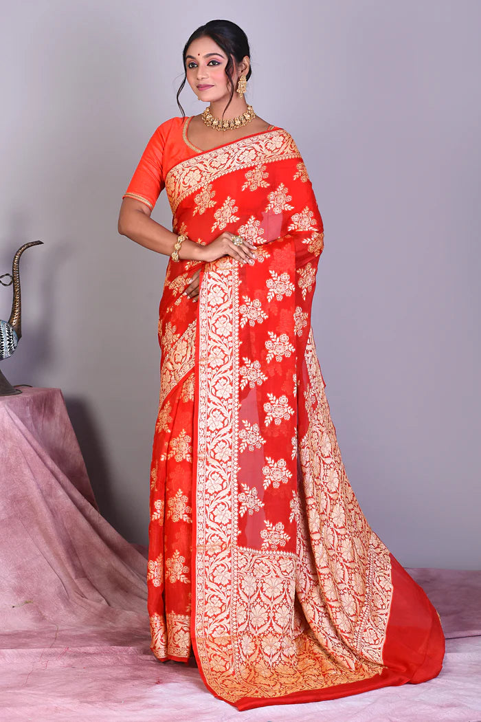 Red Pure Georgette Khaddi Saree - Keya Seth Exclusive