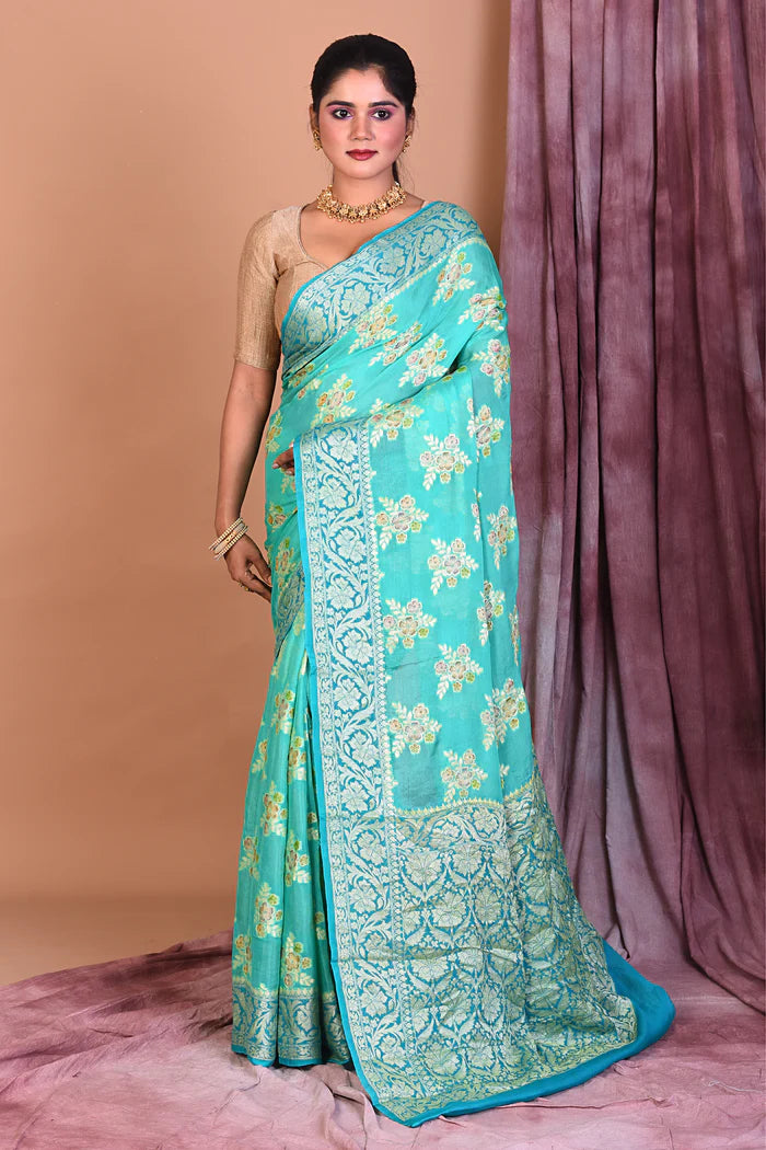 Light Green Khaddi Georgette Saree with Golden Borders - Keya Seth Exclusive