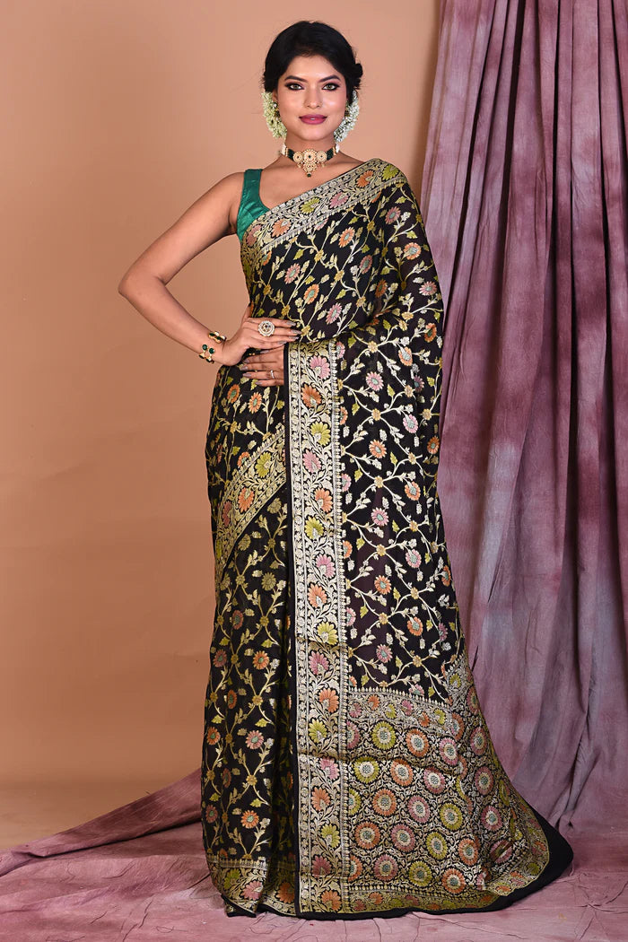 Black Pure Khaddi Georgette Saree with Golden Zari - Keya Seth Exclusive