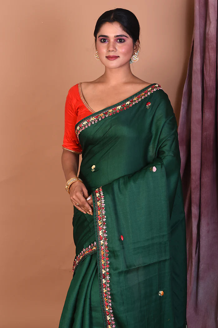 Deep Green Satin Silk Saree with Threadwork - Keya Seth Exclusive
